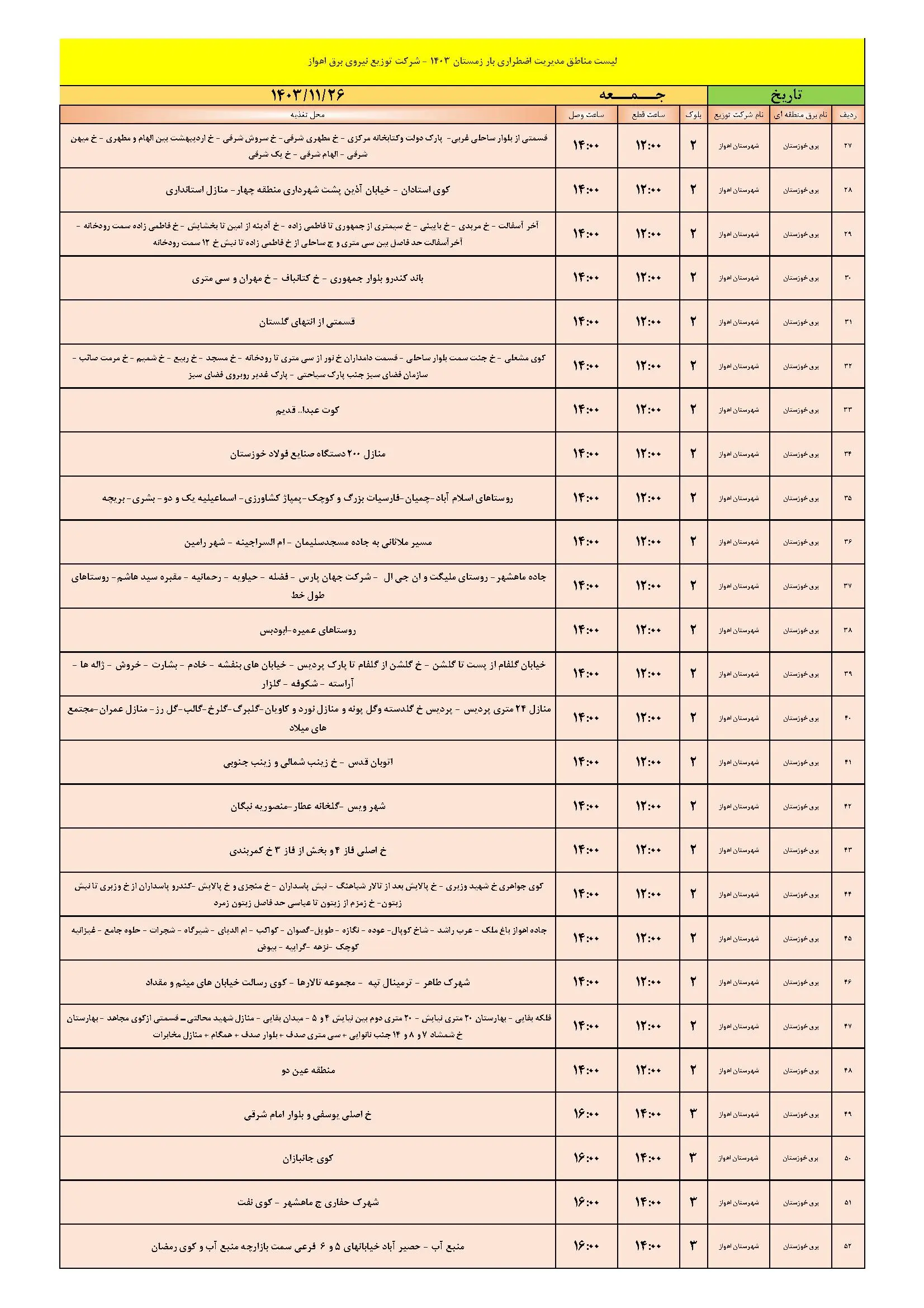 جدول خاموشی برق اهواز و برنامه قطعی برق اهواز جمعه 26 بهمن 1403 (2)