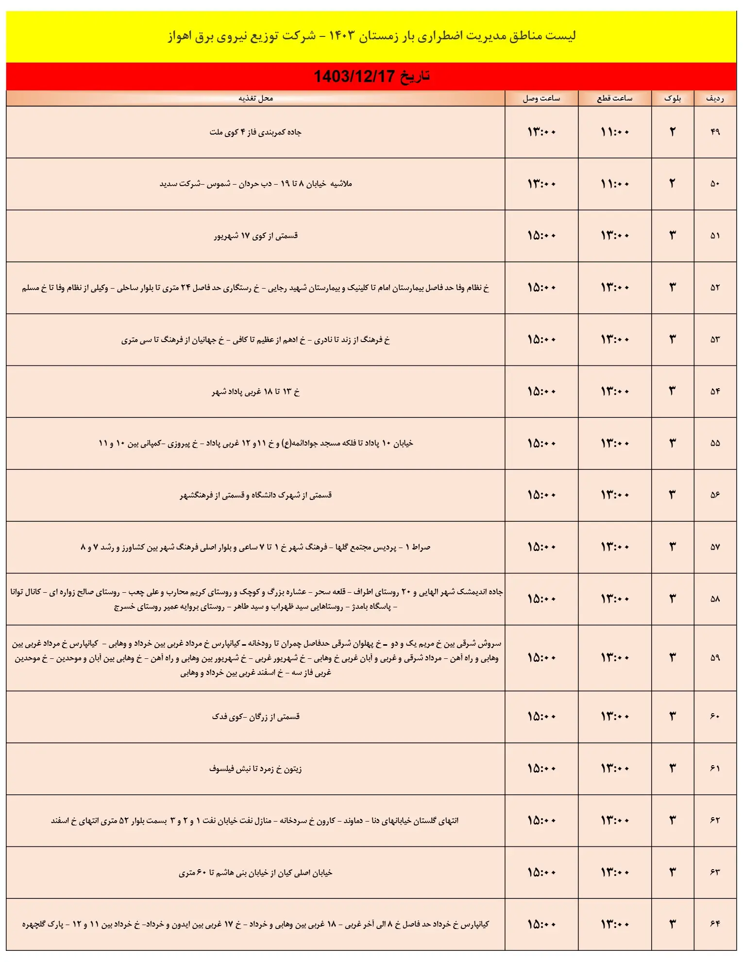 زمان قطعی برق اهواز فردا جمعه17اسفند1403 (4)