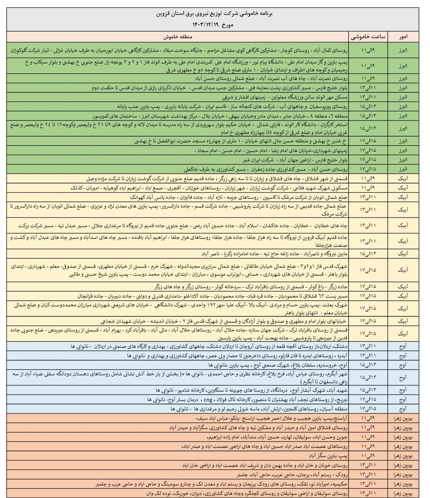 جدول خاموشی برق قزوین و زمان قطعی برق قزوین یکشنبه19اسفند1403 (1)