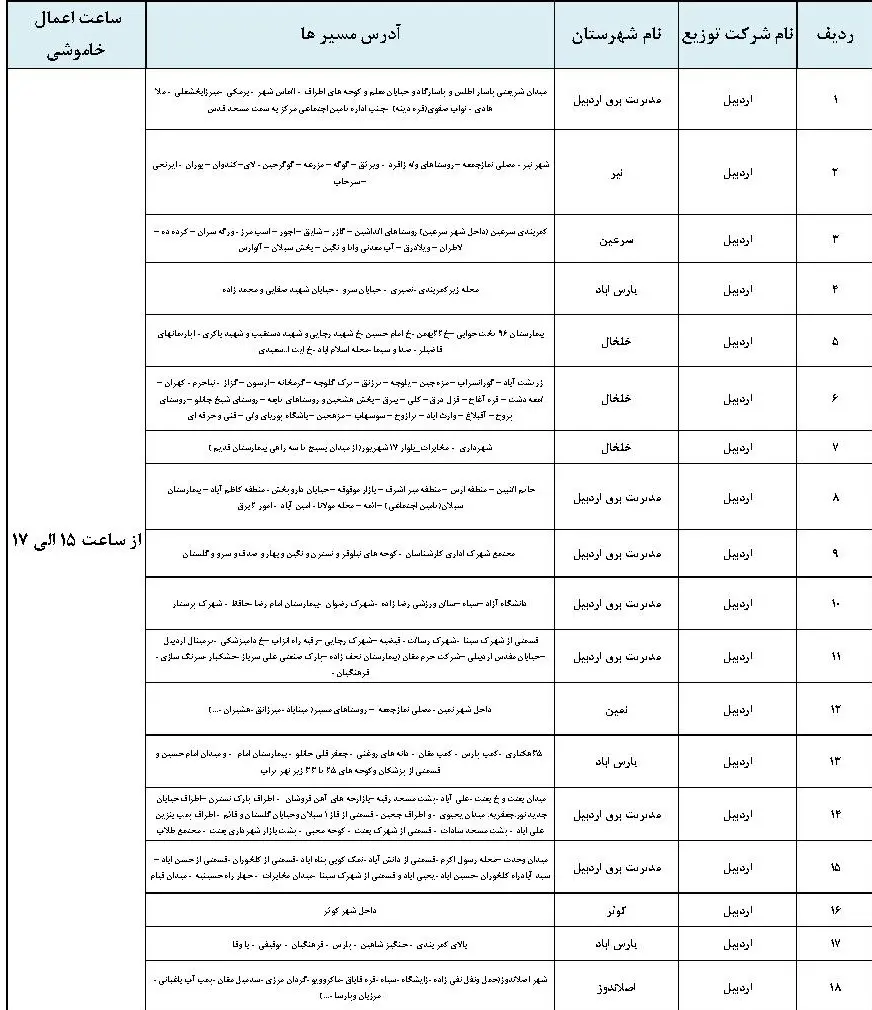 جدول خاموشی برق اردبیل و برنامه قطعی برق اردبیل جمعه 26 بهمن ماه 1403 (4)