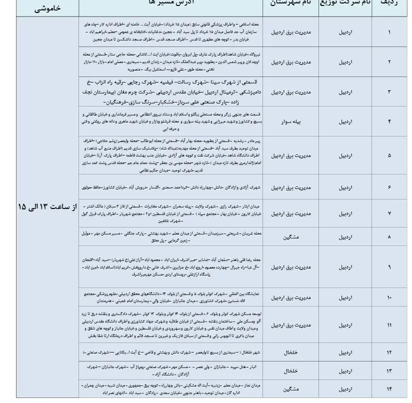 زمان قطعی برق اردبیل15اسفند1403+جدول خاموشی برق اردبیل (3)