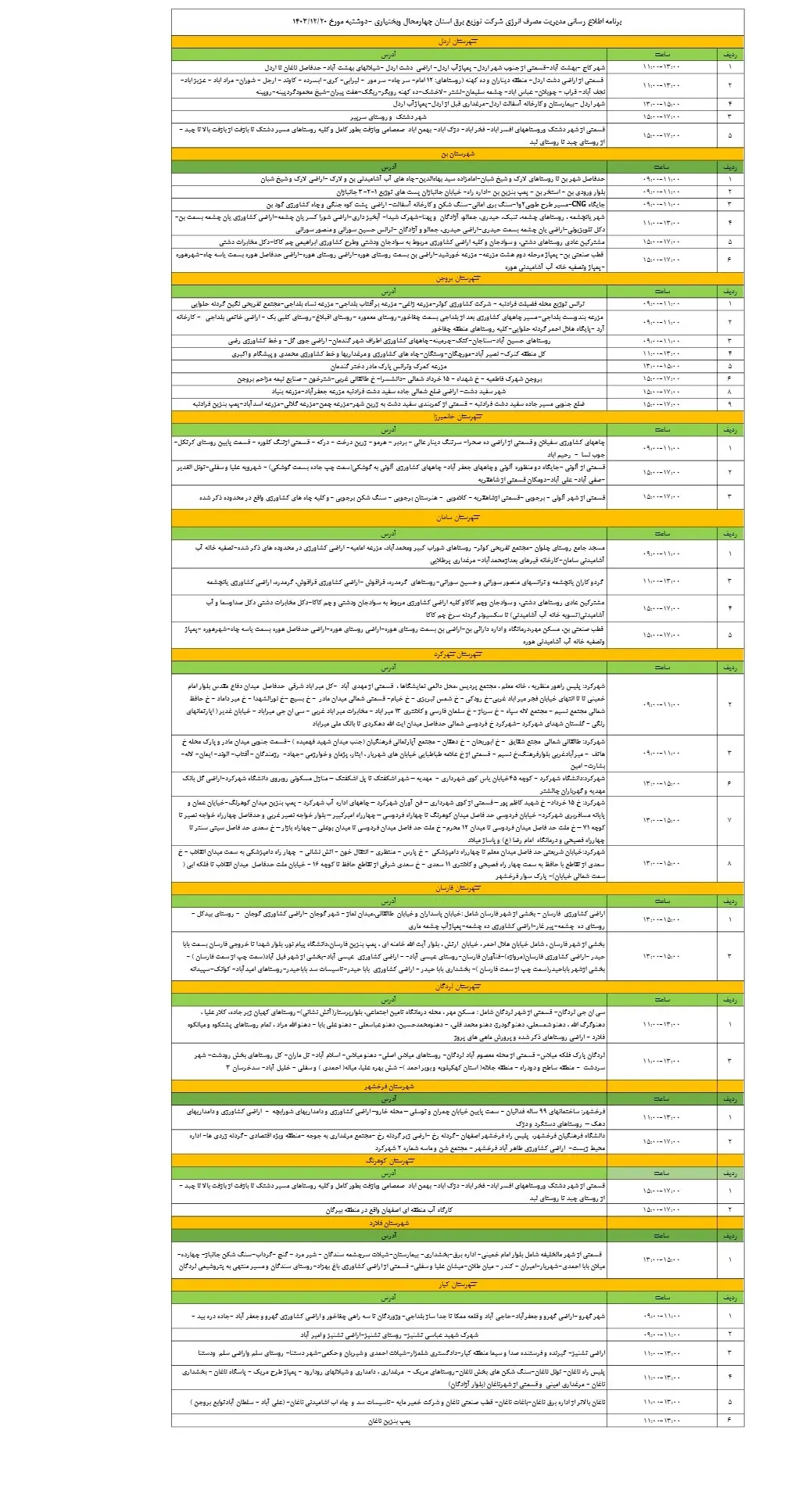 جدول خاموشی برق چهارمحال و بختیاری و زمان قطعی برق شهرکرد دوشنبه 20 اسفند1403