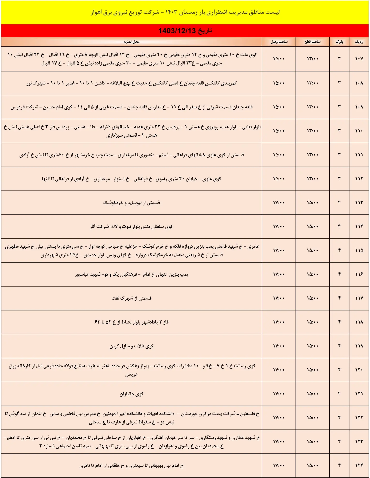 زمان قطعی برق اهواز13اسفند1403+جدول خاموشی برق خوزستان13اسفند1403 (8)