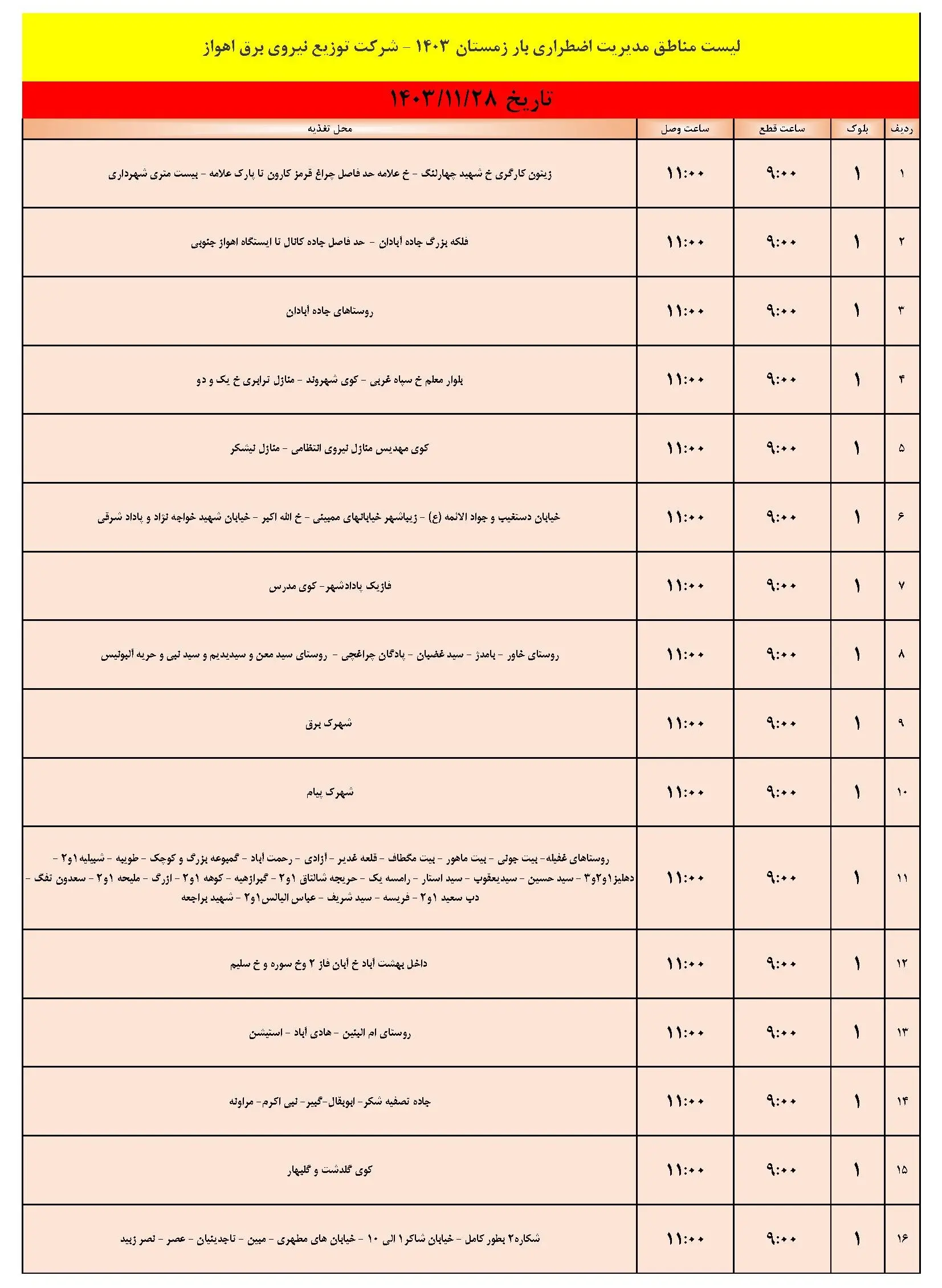 برنامه قطعی برق اهواز و جدول خاموشی برق اهواز یکشنبه 28 بهمن 1403 (1)