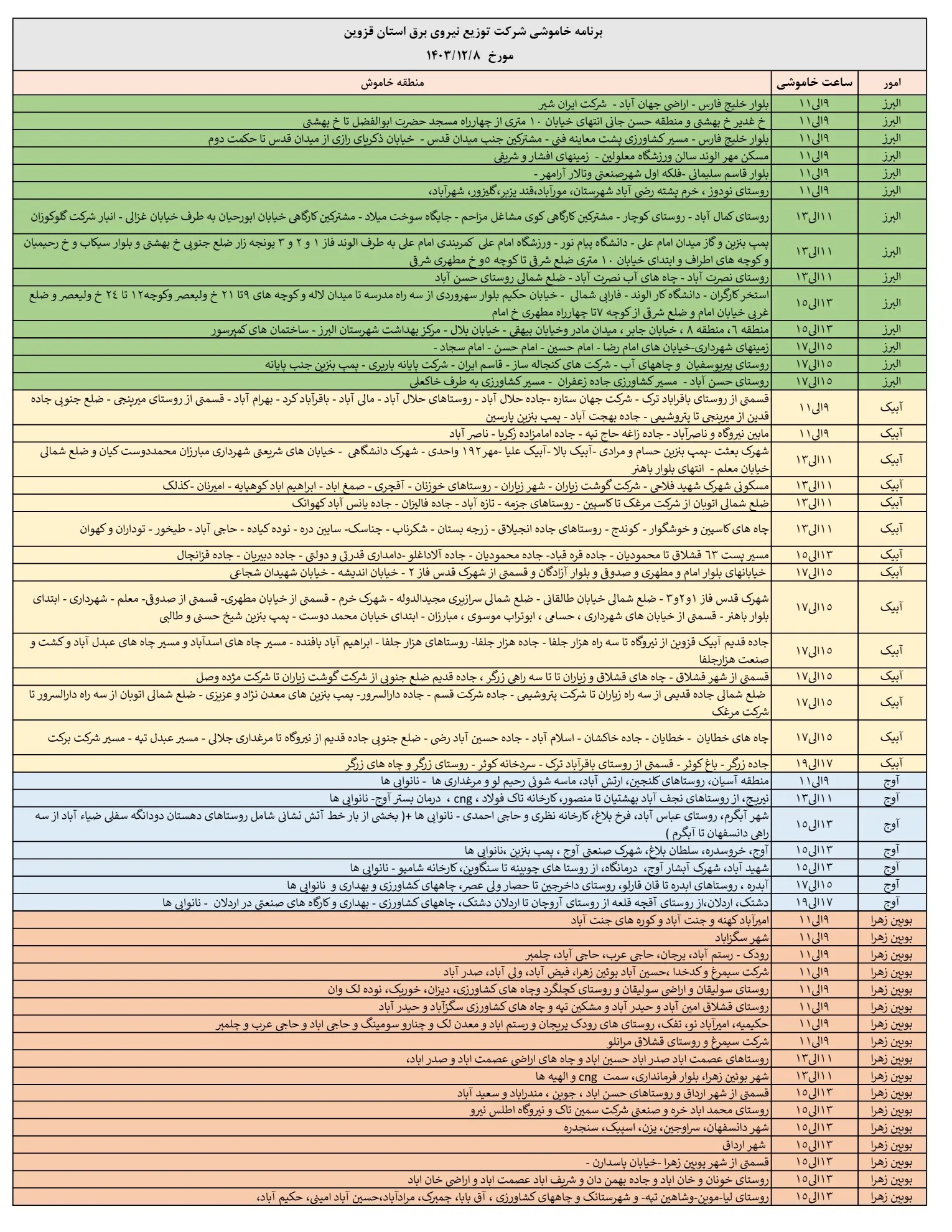 زمان قطعی برق قزوین و جدول خاموشی برق قزوین 8اسفند1403 (1)