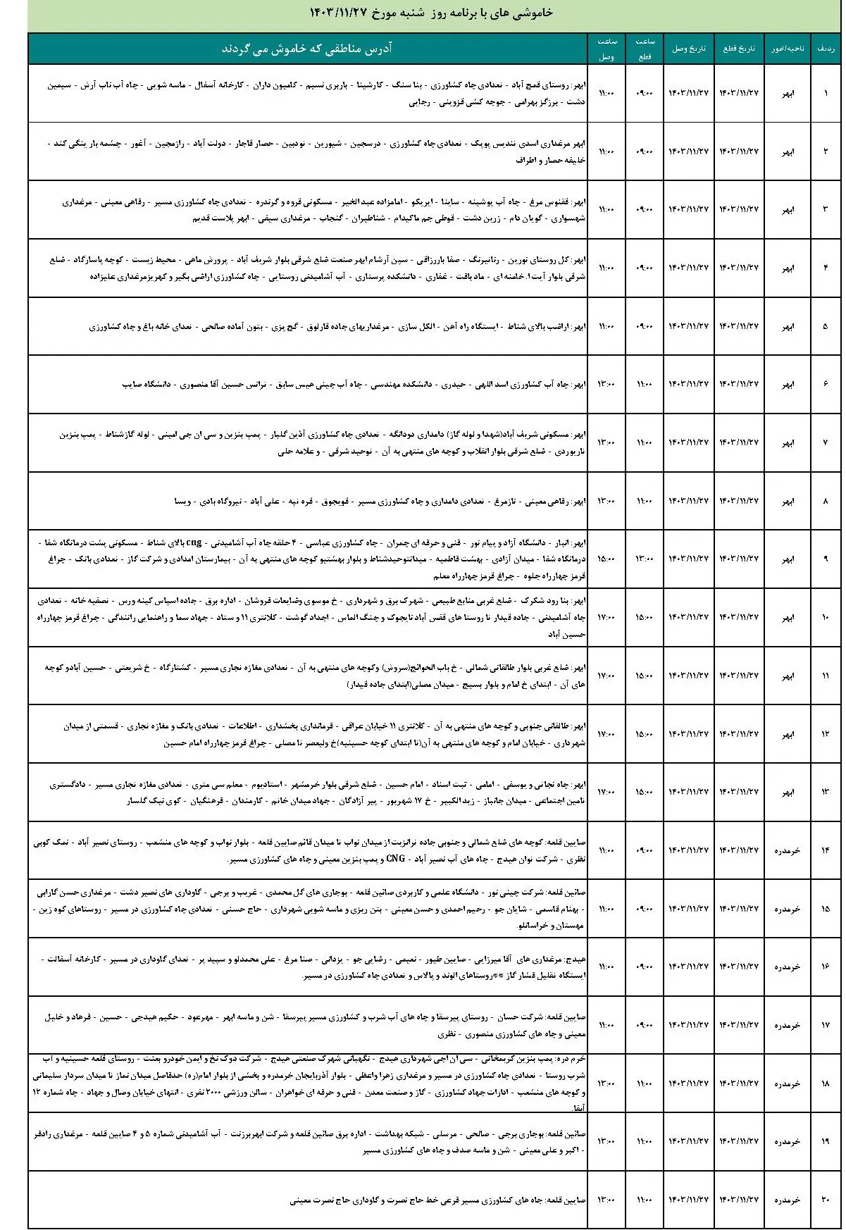 برنامه قطعی برق زنجان و جدول خاموشی برق زنجان شنبه 27 بهمن1403 (8)