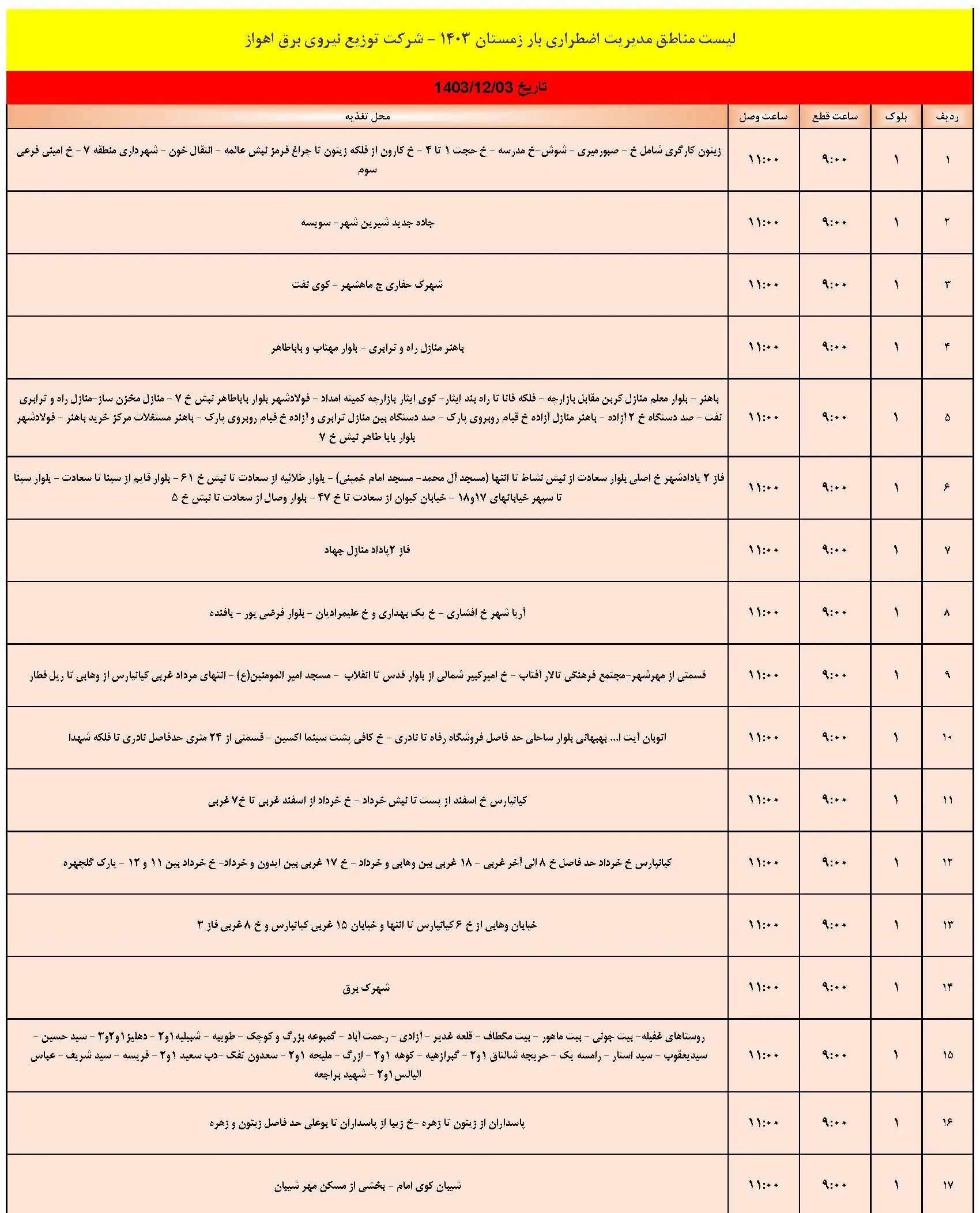 برنامه قطعی برق و جدول خاموشی برق اهواز جمعه  اسفند (1)