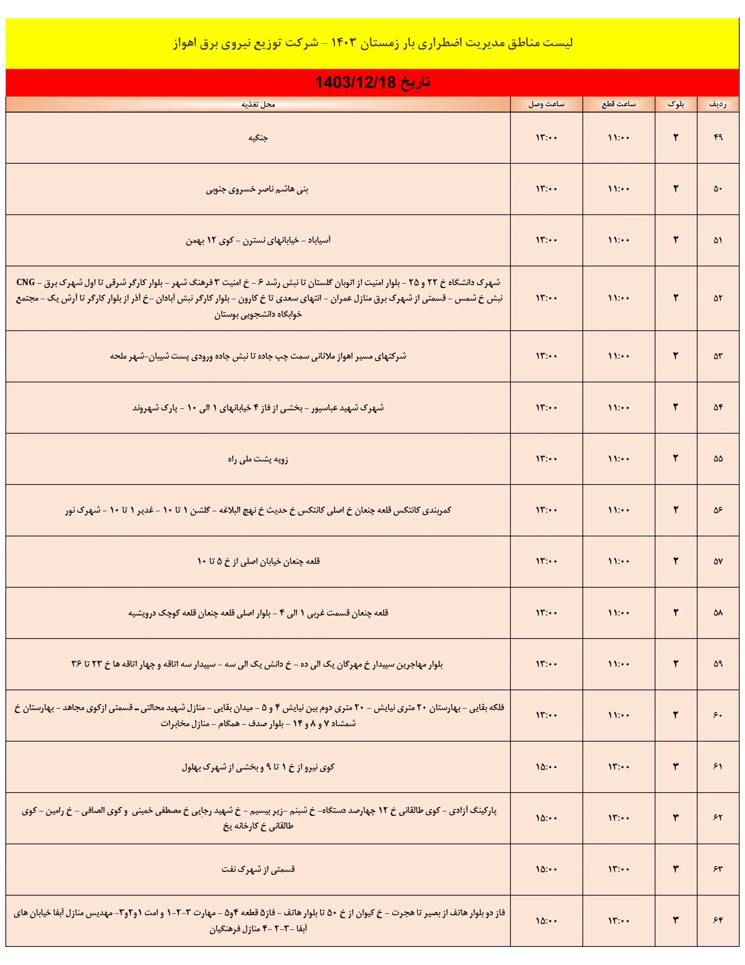 جدول خاموشی برق اهواز و زمان قطعی برق خوزستان شنبه18اسفند1403 (4)
