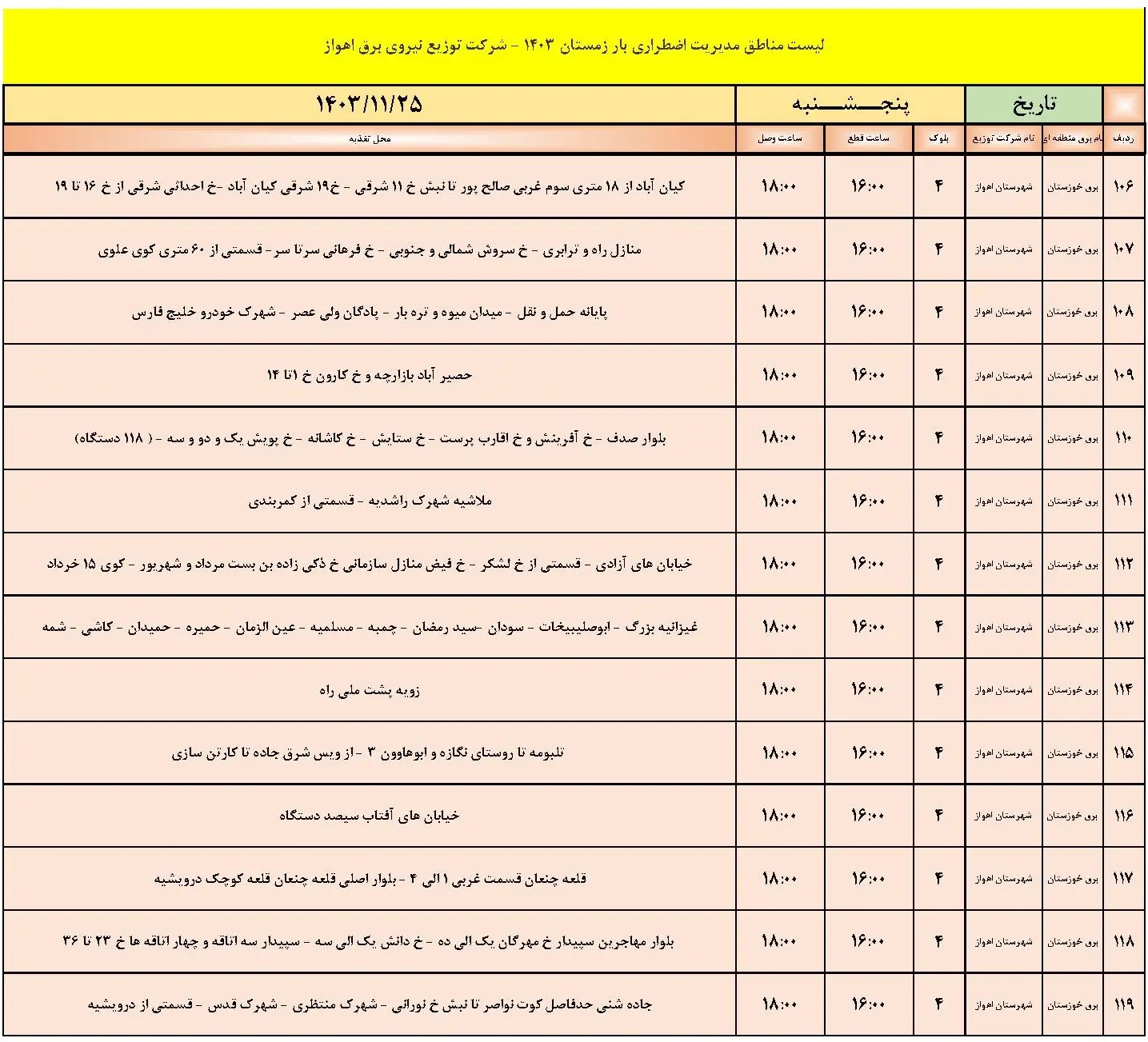 جدول خاموشی برق اهواز و برنامه قطعی برق خوزستان امروز پنجشنبه 25 بهمن 1403 (5)