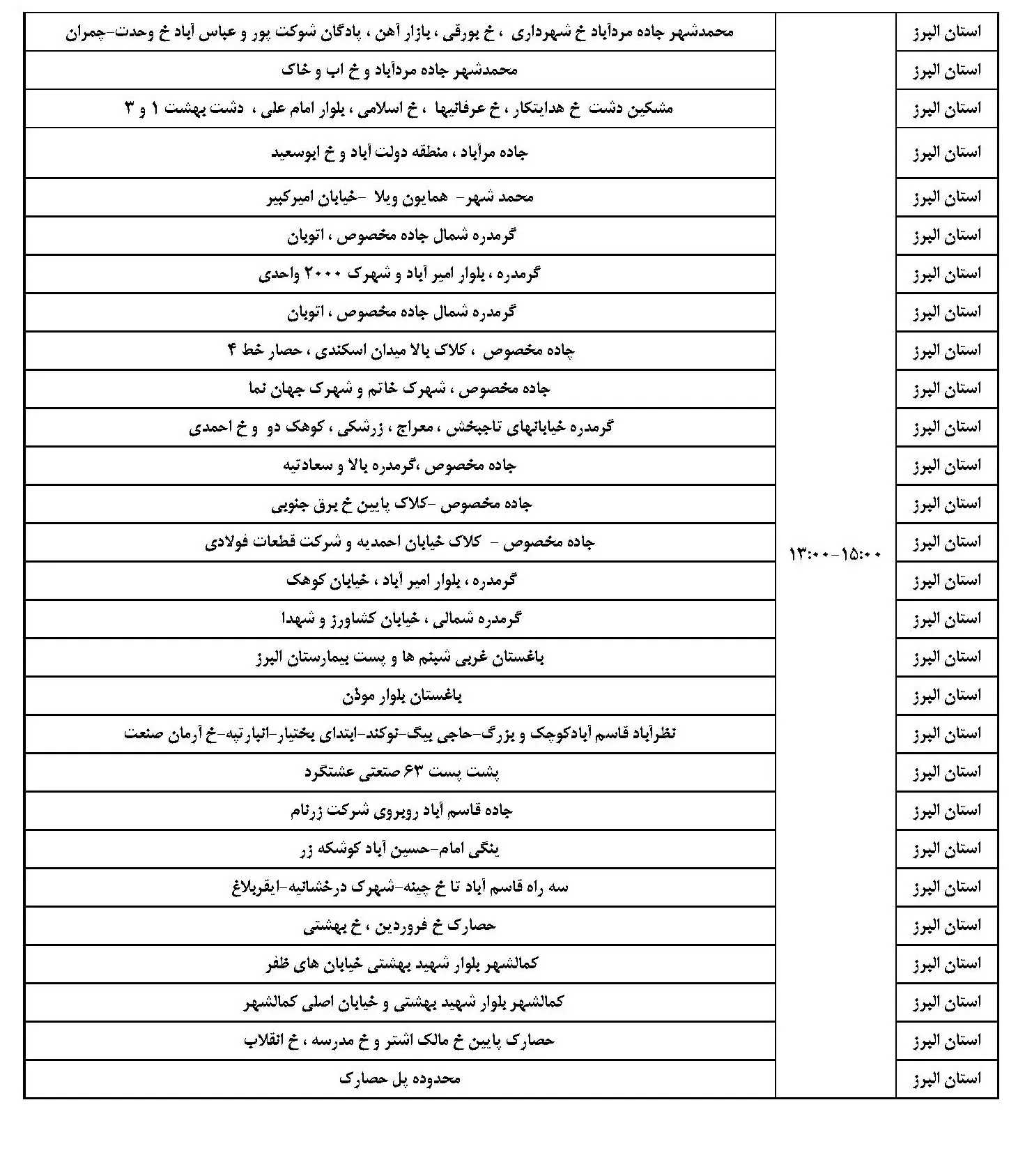 جدول خاموشی برق البرز فردا چهارشنبه 24 بهمن ماه 1403 (3)