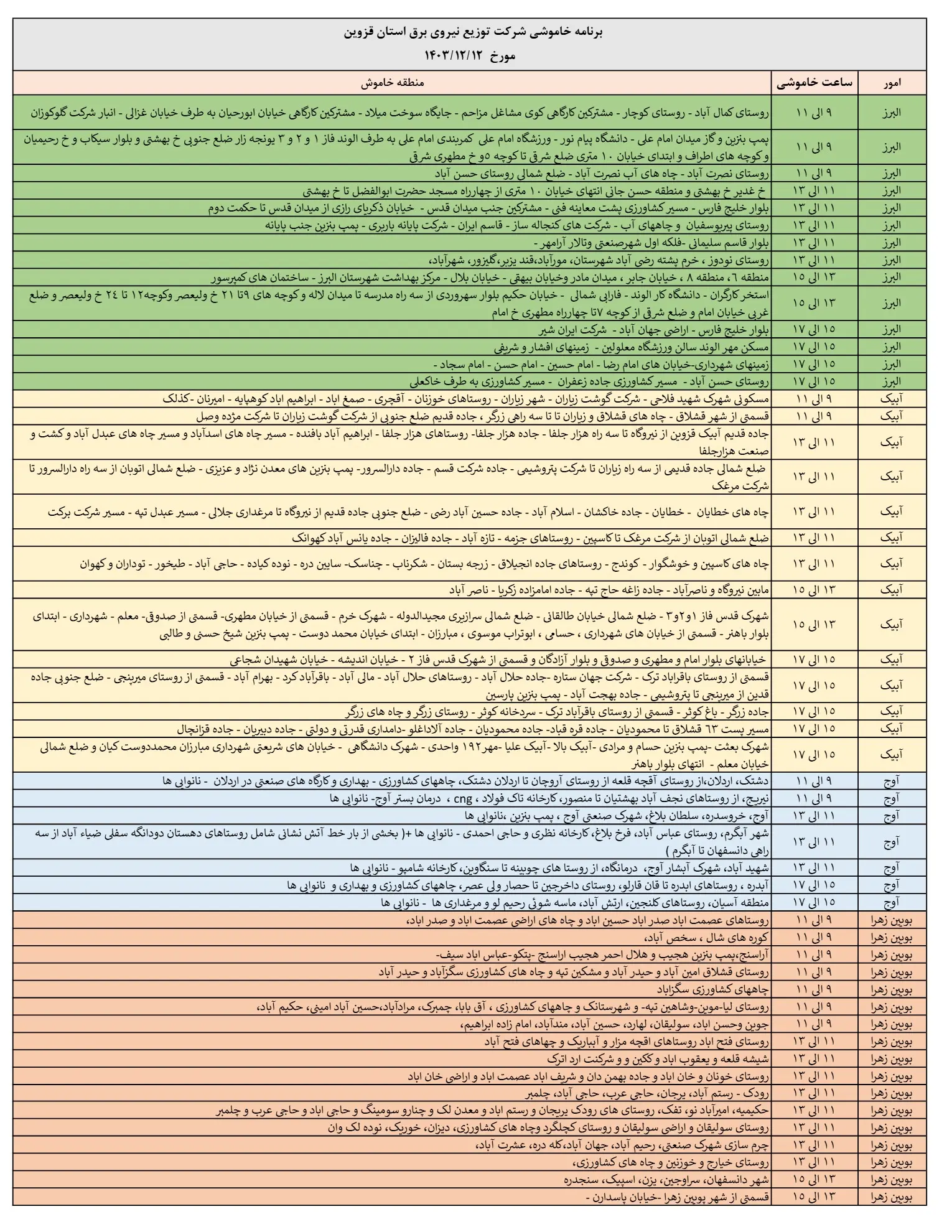 جدول قطعی برق قزوین12اسفند1403 (1)