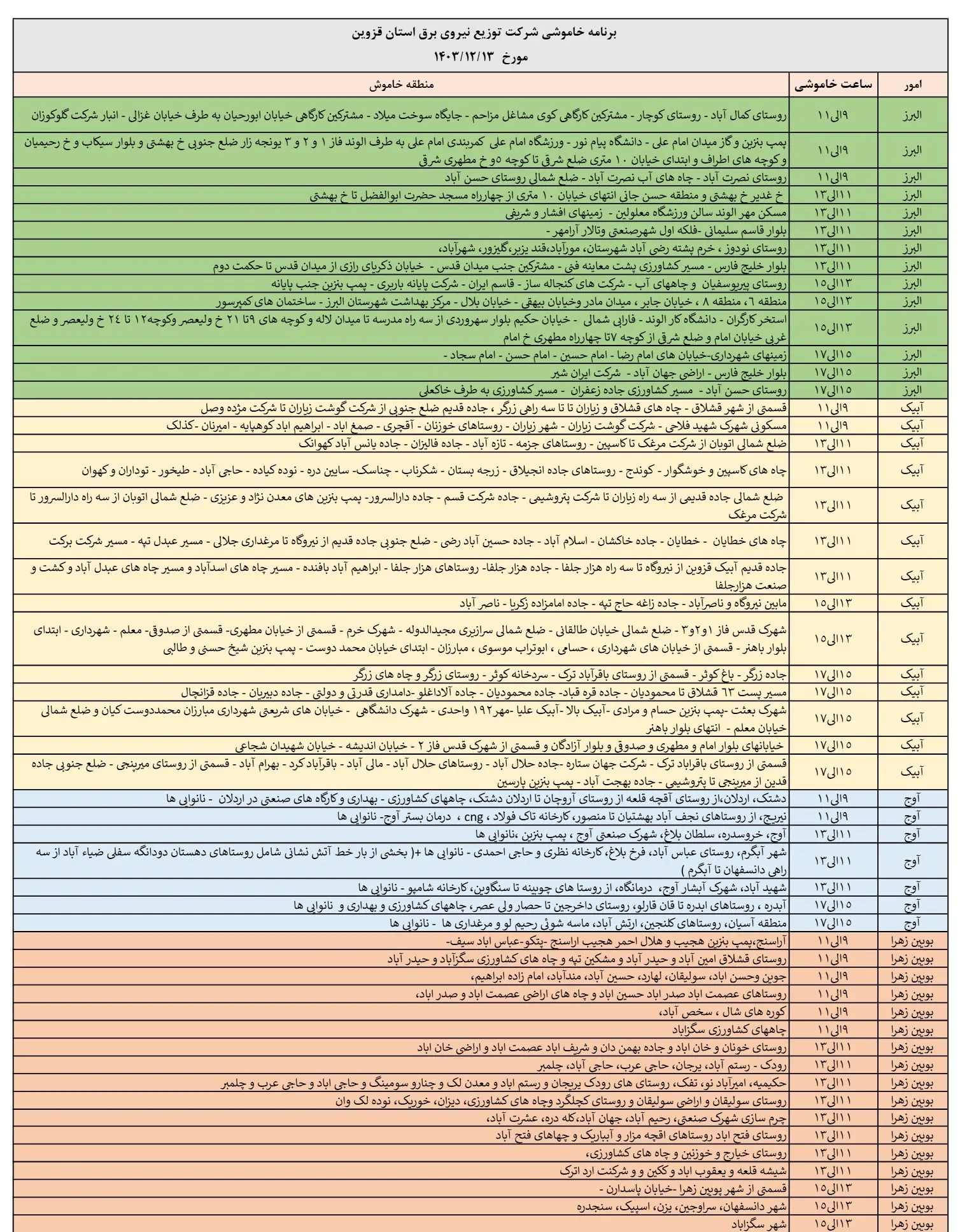 زمان قطعی برق قزوین13اسفند1403+جدول خاموشی برق قزوین 13 اسفند1403 (1)