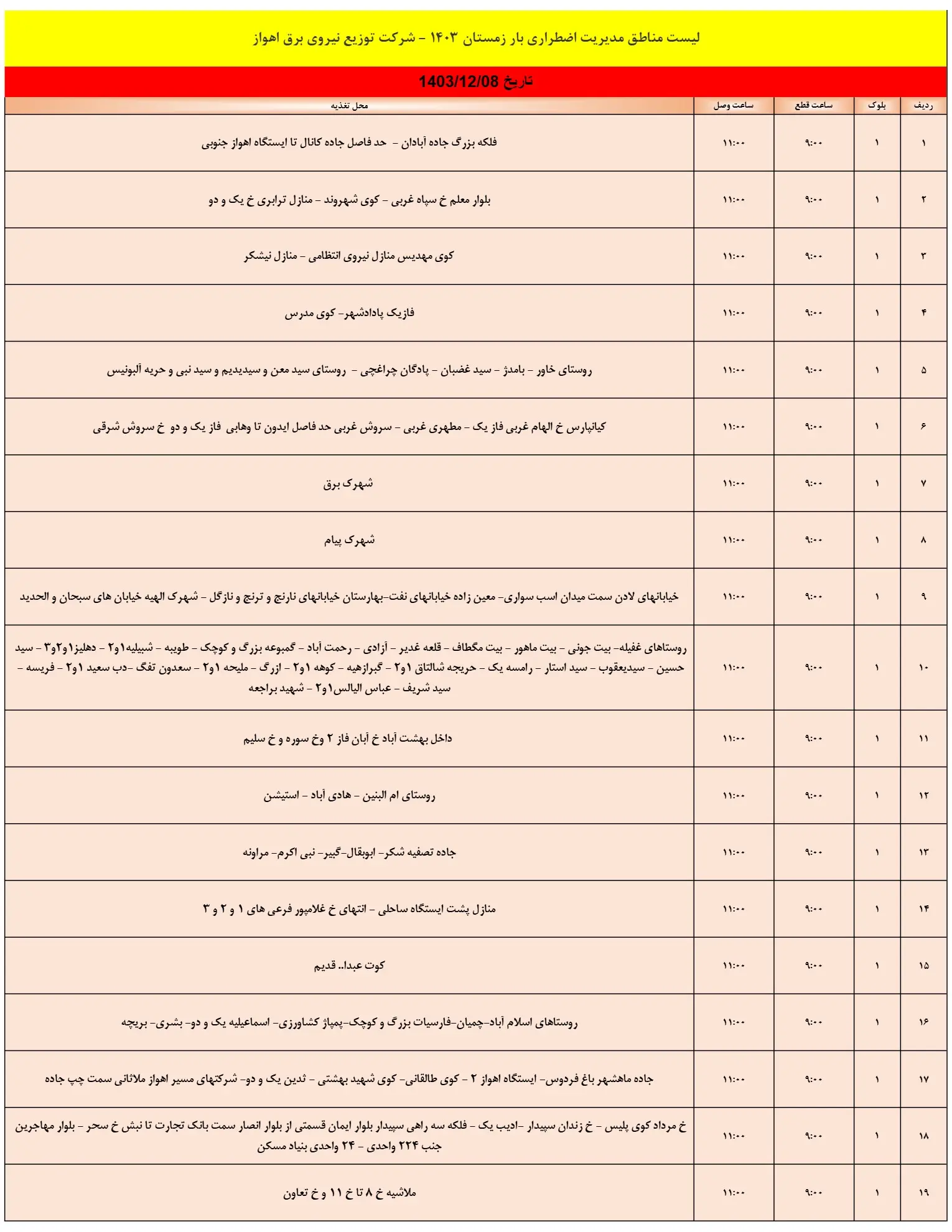 جدول خاموشی برق اهواز و زمان قطعی برق خوزستان 8اسفند1403 (1)