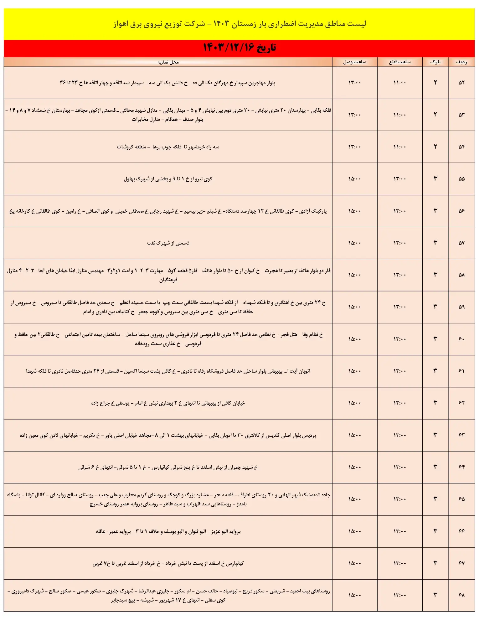 زمان قطعی برق اهواز16اسفند1403+جدول خاموشی برق (4)