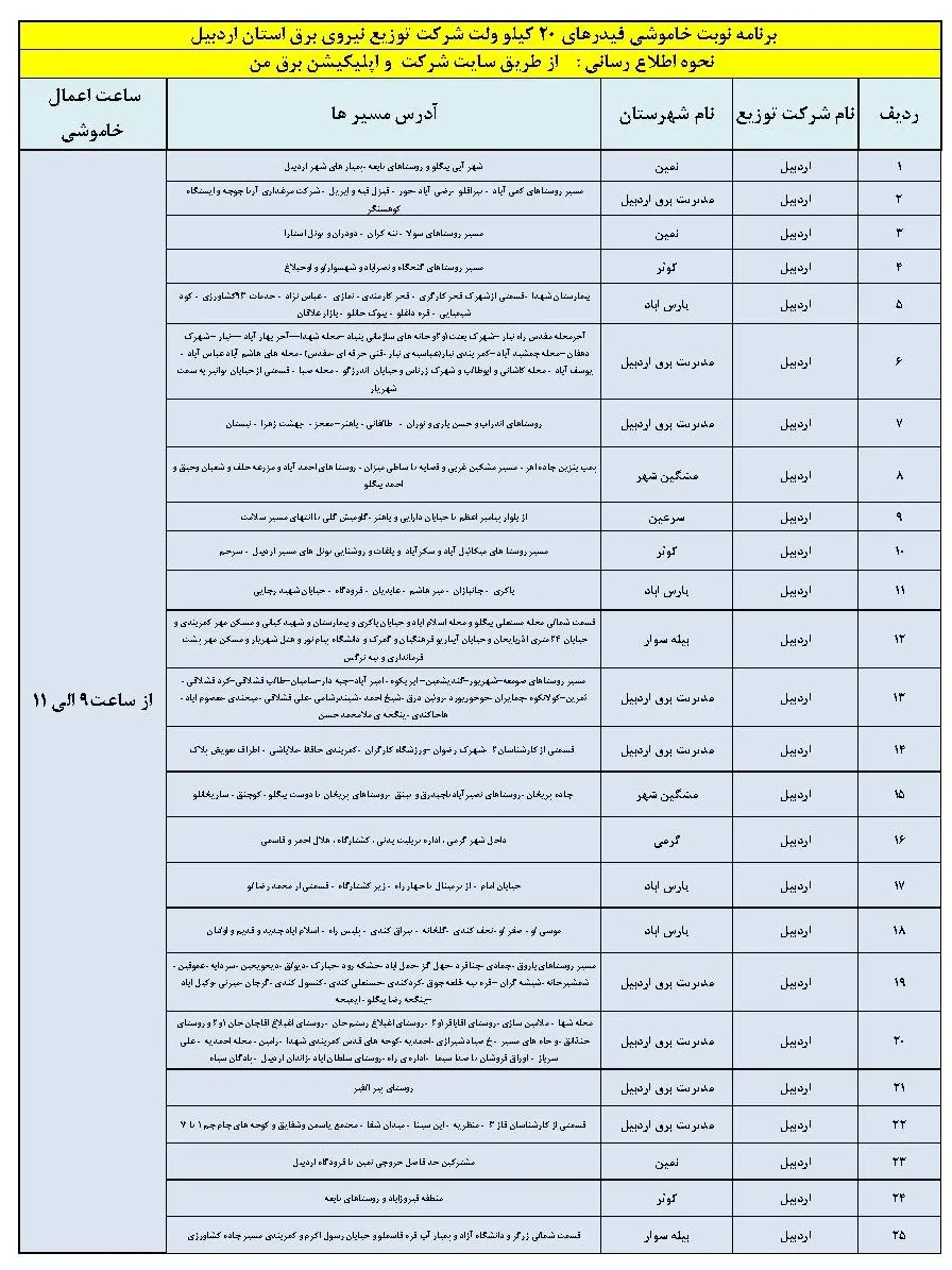 برنامه قطعی برق و جدول خاموشی برق اردبیل شنبه 27 بهمن 1403 (1)