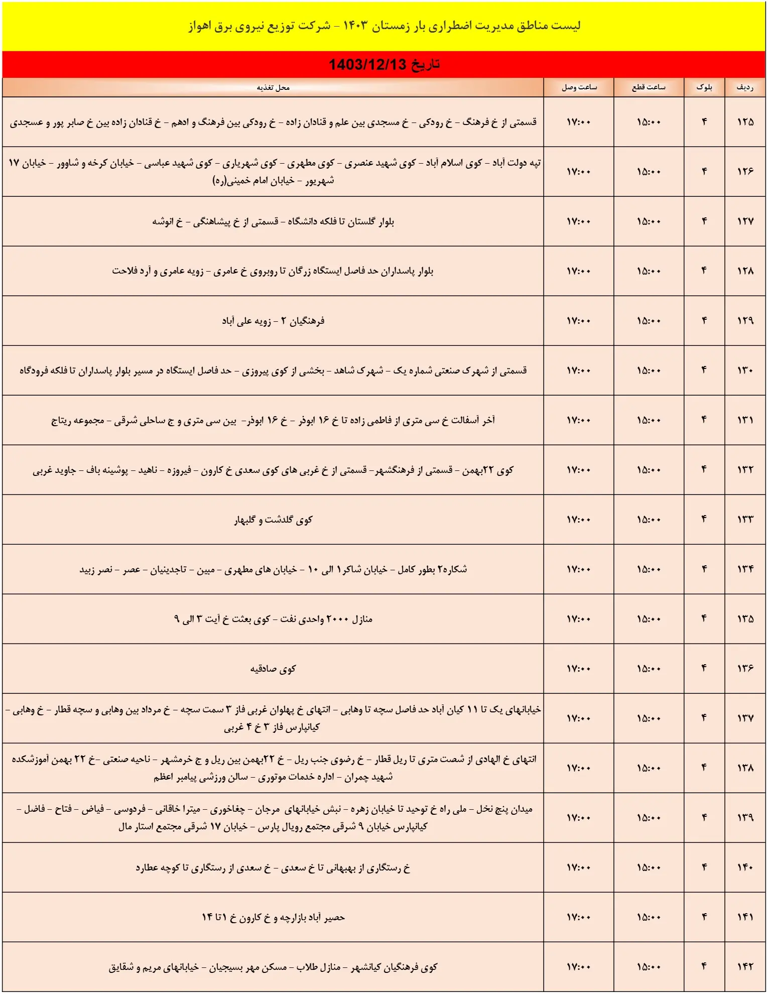 زمان قطعی برق اهواز13اسفند1403+جدول خاموشی برق خوزستان13اسفند1403 (9)