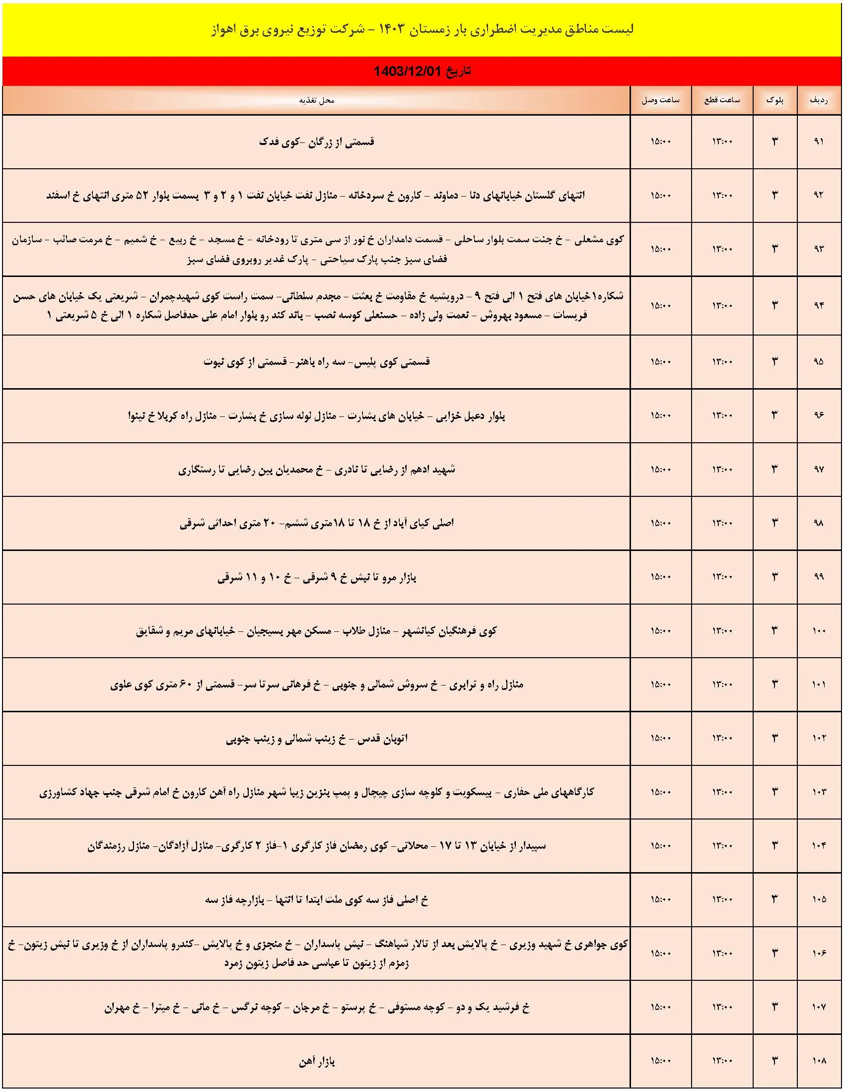 قطعی برق و جدول خاموشی برق اهواز 1 اسفند 1403 (6)