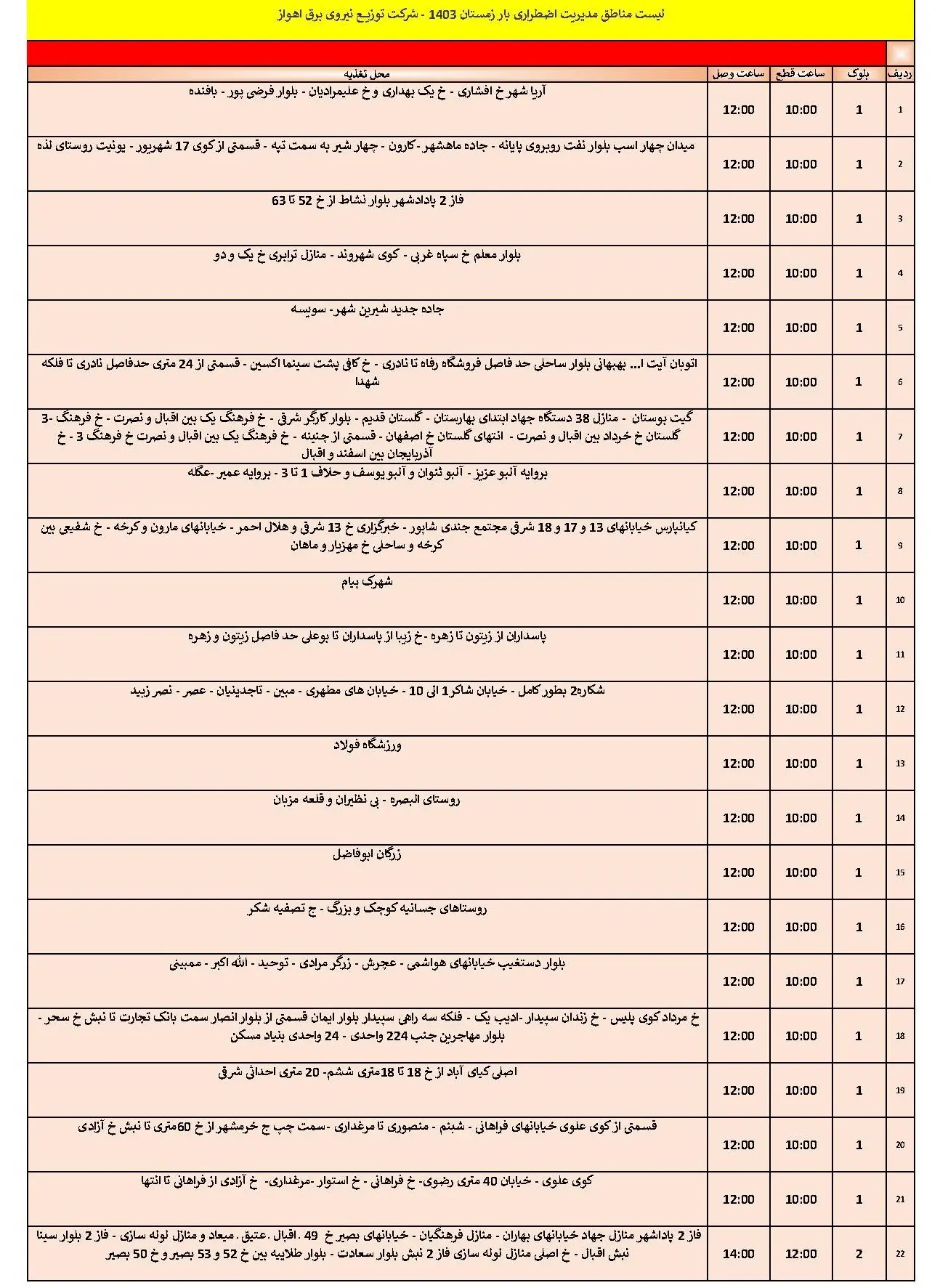 جدول خاموشی برق اهواز و زمان قطعی برق اهواز شنبه 20 بهمن 1403 (1)