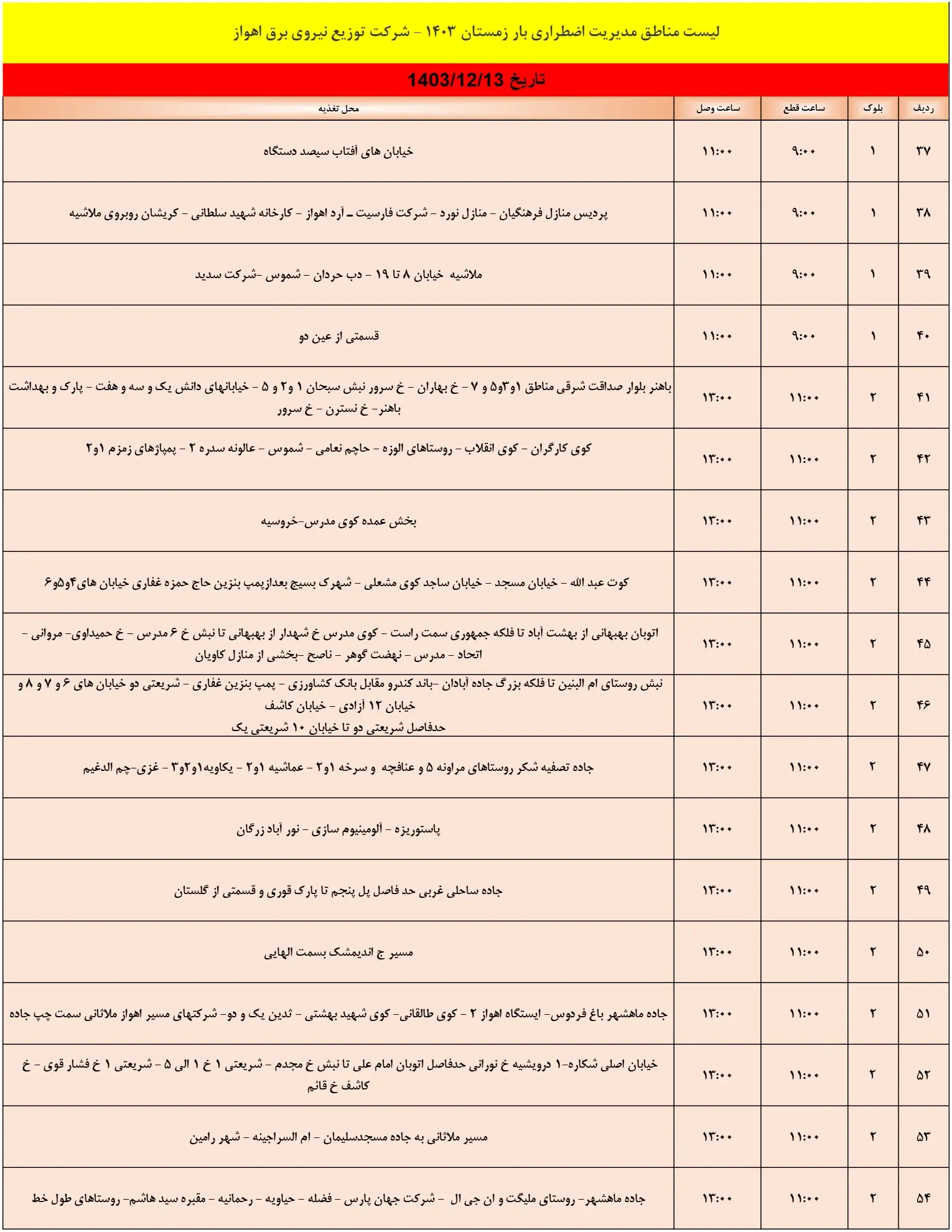 زمان قطعی برق اهواز13اسفند1403+جدول خاموشی برق خوزستان13اسفند1403 (4)