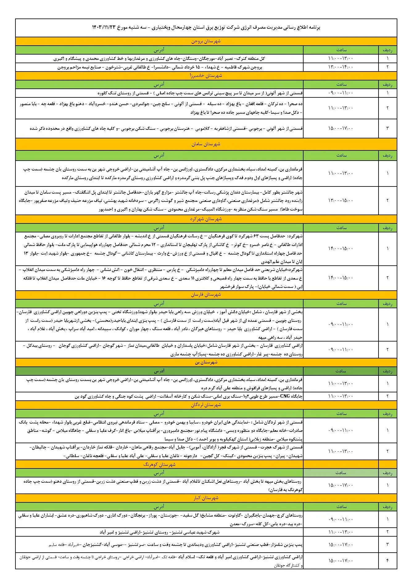 جدول خاموشی برق چهارمحال و بختیاری و برنامه قطعی برق