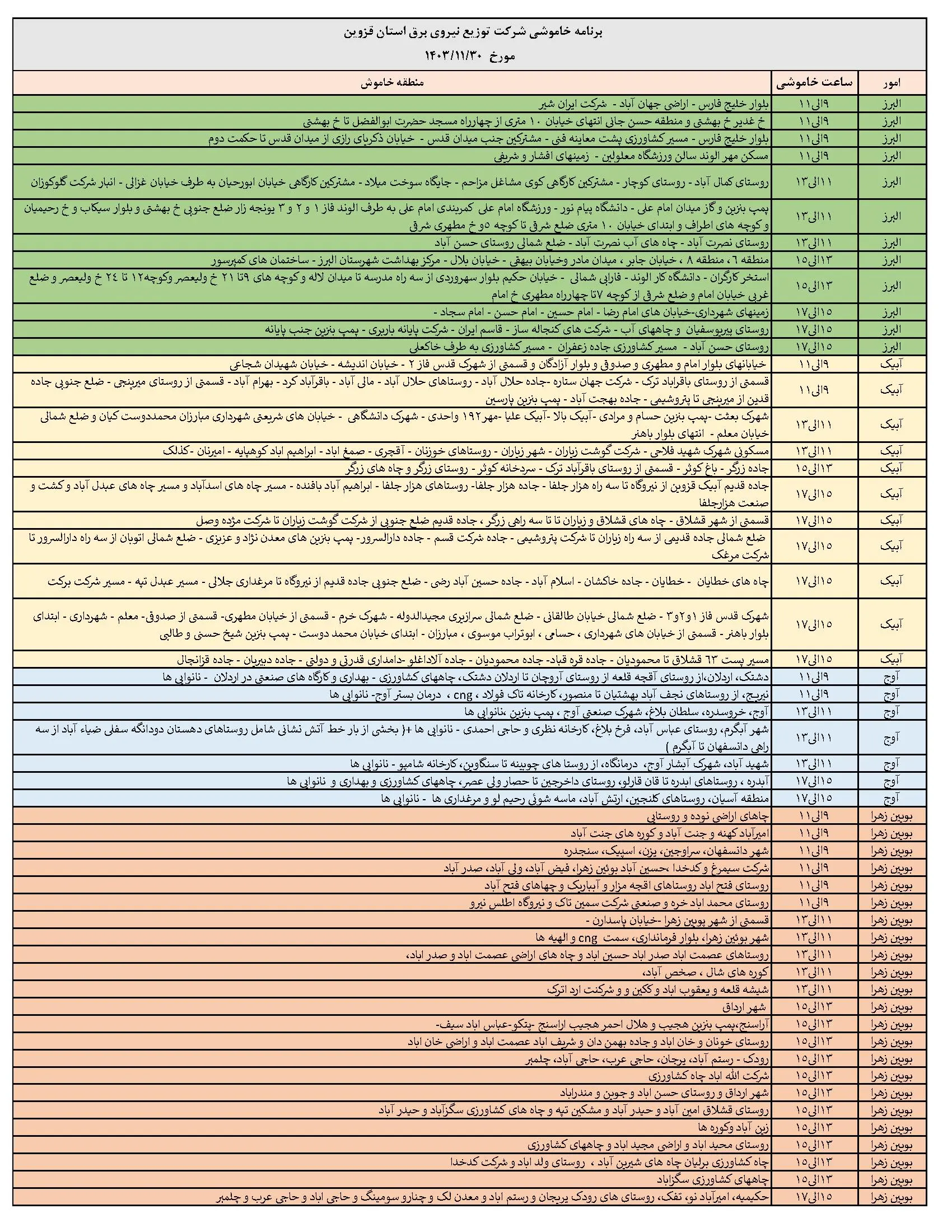 برنامه قطعی برق قزوین و جدول خاموشی برق قزوین 30 بهمن ماه 1403 (1)