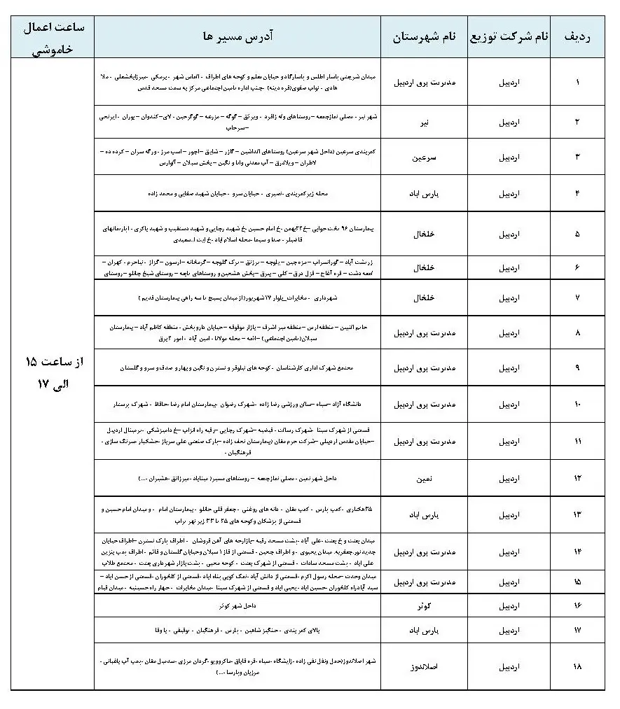 برنامه قطعی برق و جدول خاموشی برق اردبیل امروز دوشنبه 29 بهمن 1403 (4)