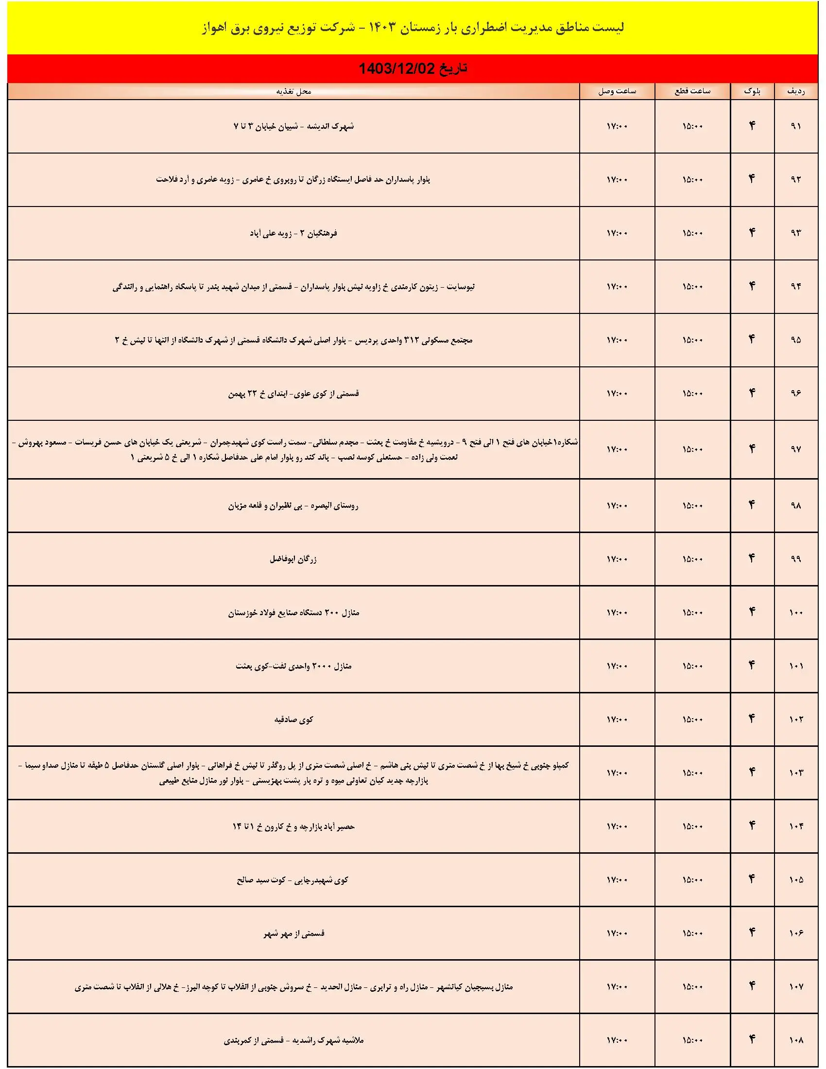 برنامه قطعی برق اهواز و جدول خاموشی برق خوزستان 2 اسفند1403 (6)