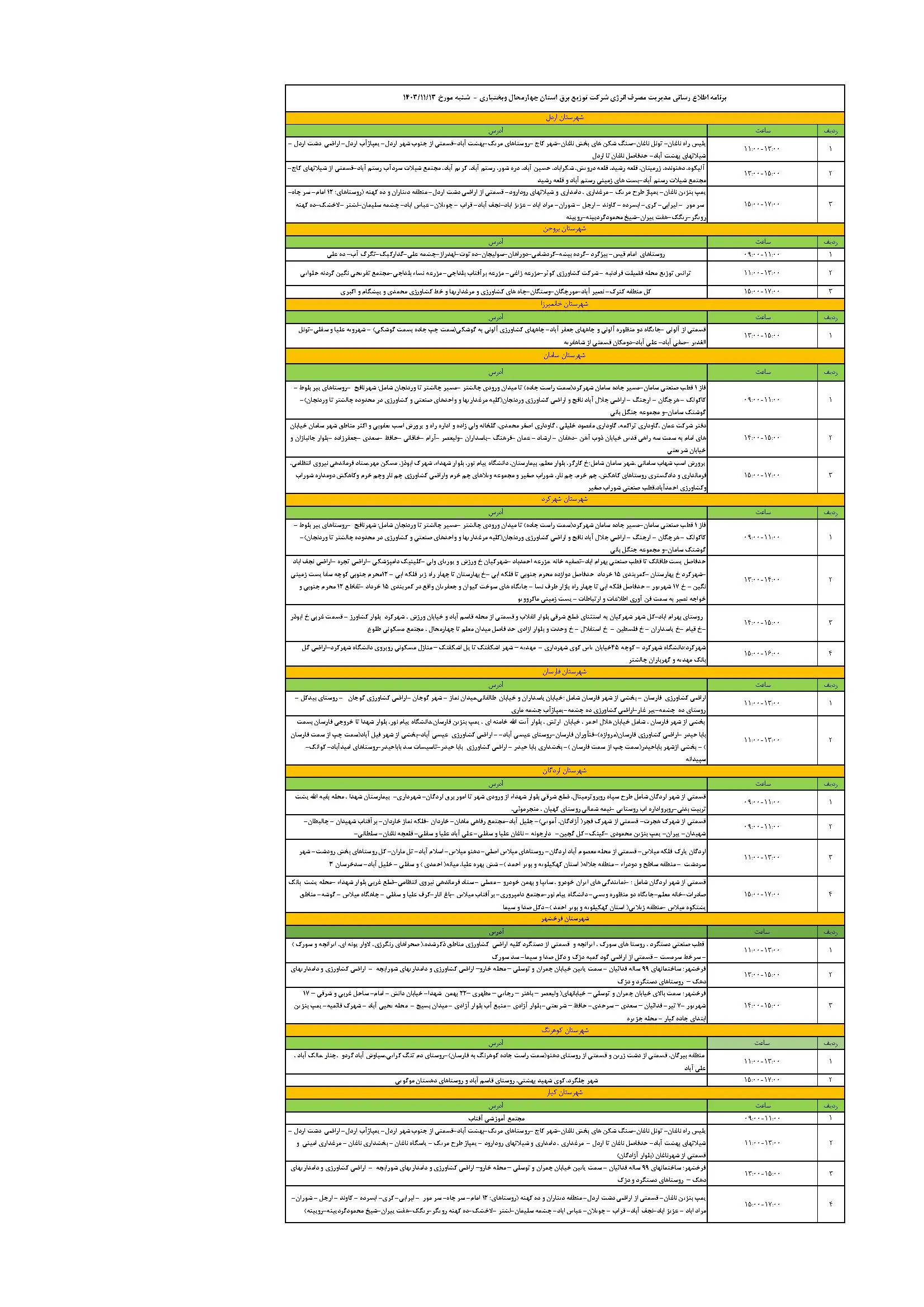 جدول خاموشی برق چهارمحال و بختیاری و اعلام برنامه قطعی برق سنندج