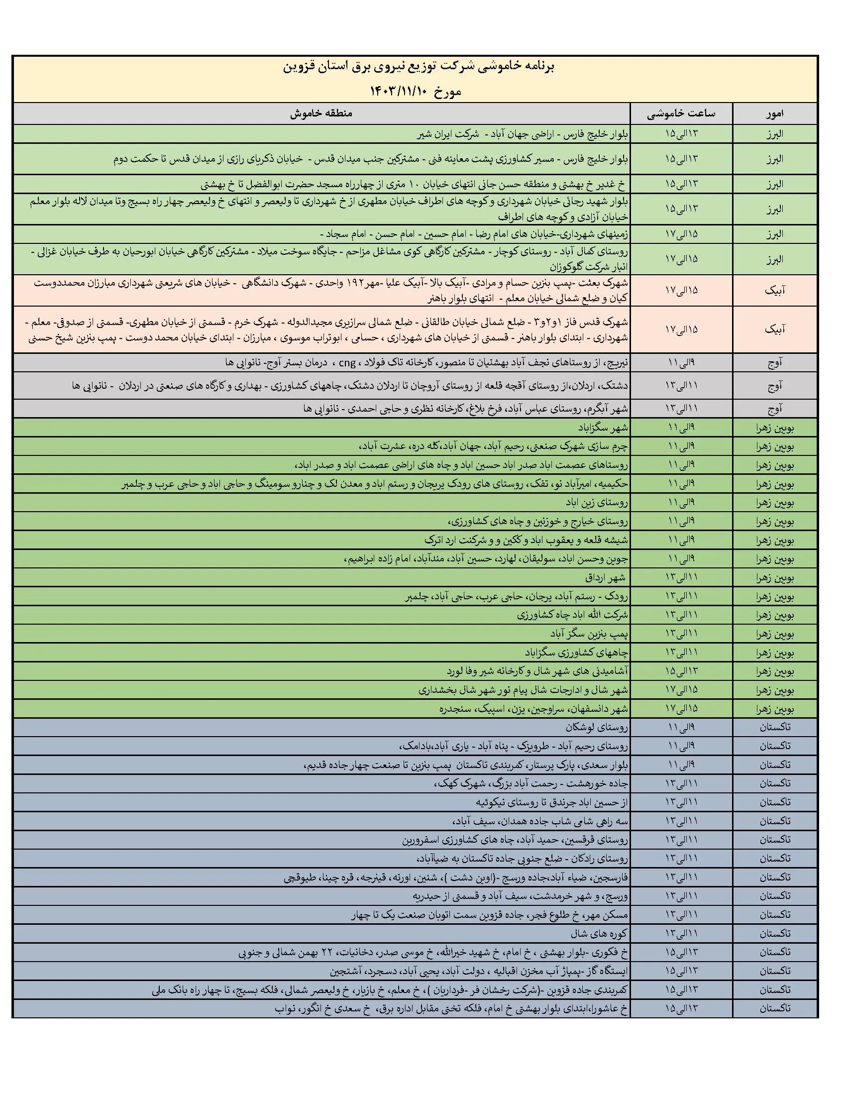 جدول خاموشی برق و قطعی برق قزوین (1)