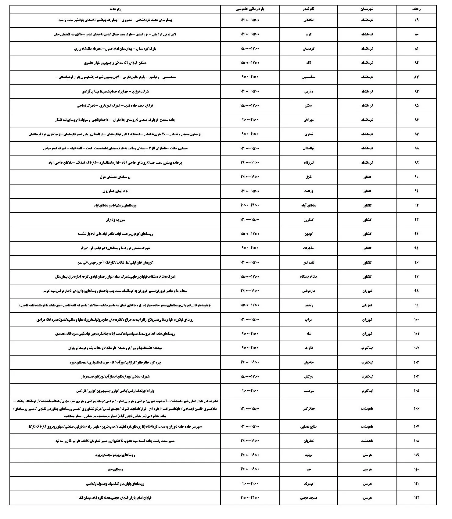 جدول خاموشی برق کرمانشاه و برنامه قطعی برق کرمانشاه چهارشنبه 24 بهمن ماه 1403 (3)