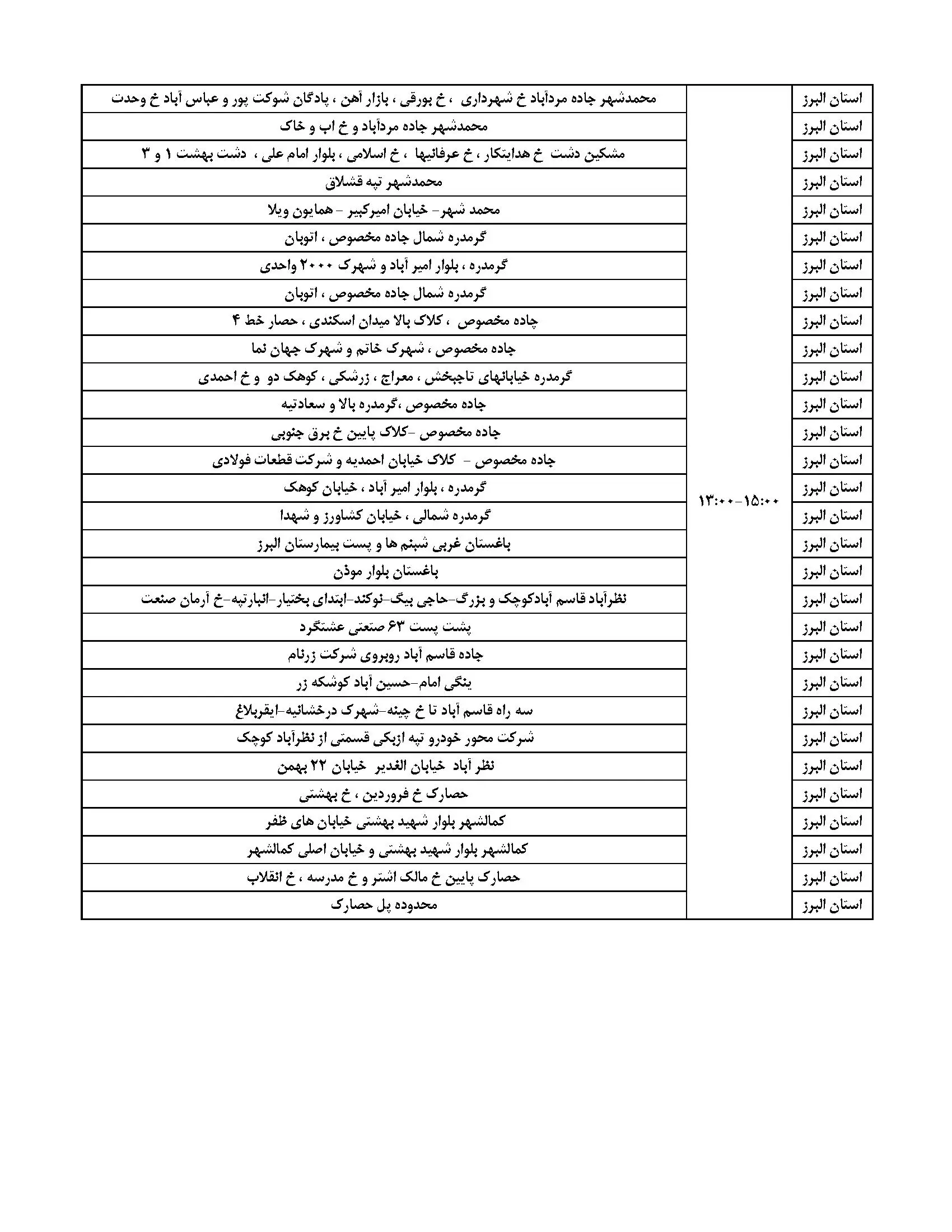 جدول خاموشی برق و برنامه قطعی برق البرز (3)