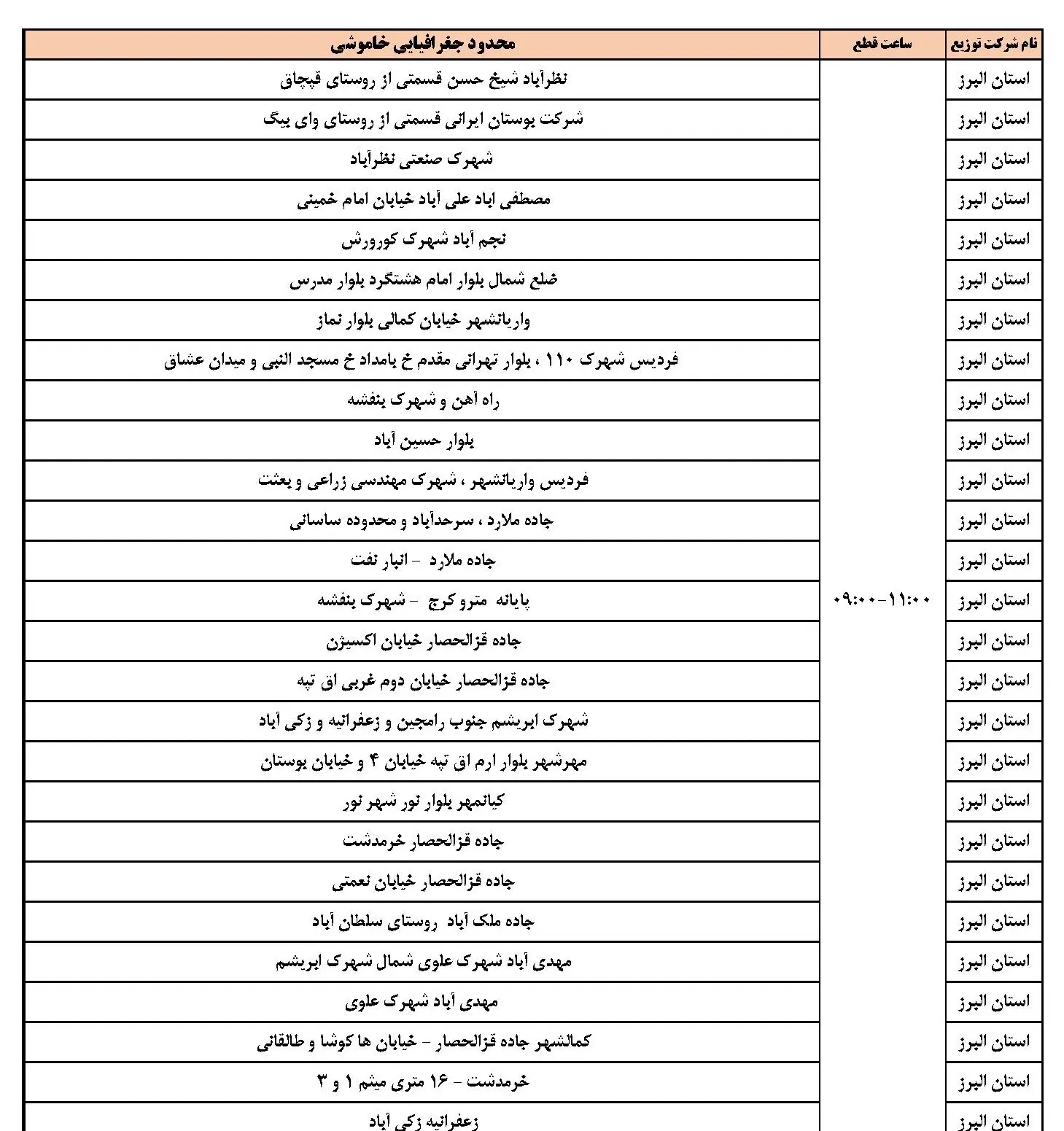برنامه قطعی برق البرز و جدول خاموشی برق کرج 1 اسفند 1403 (1)