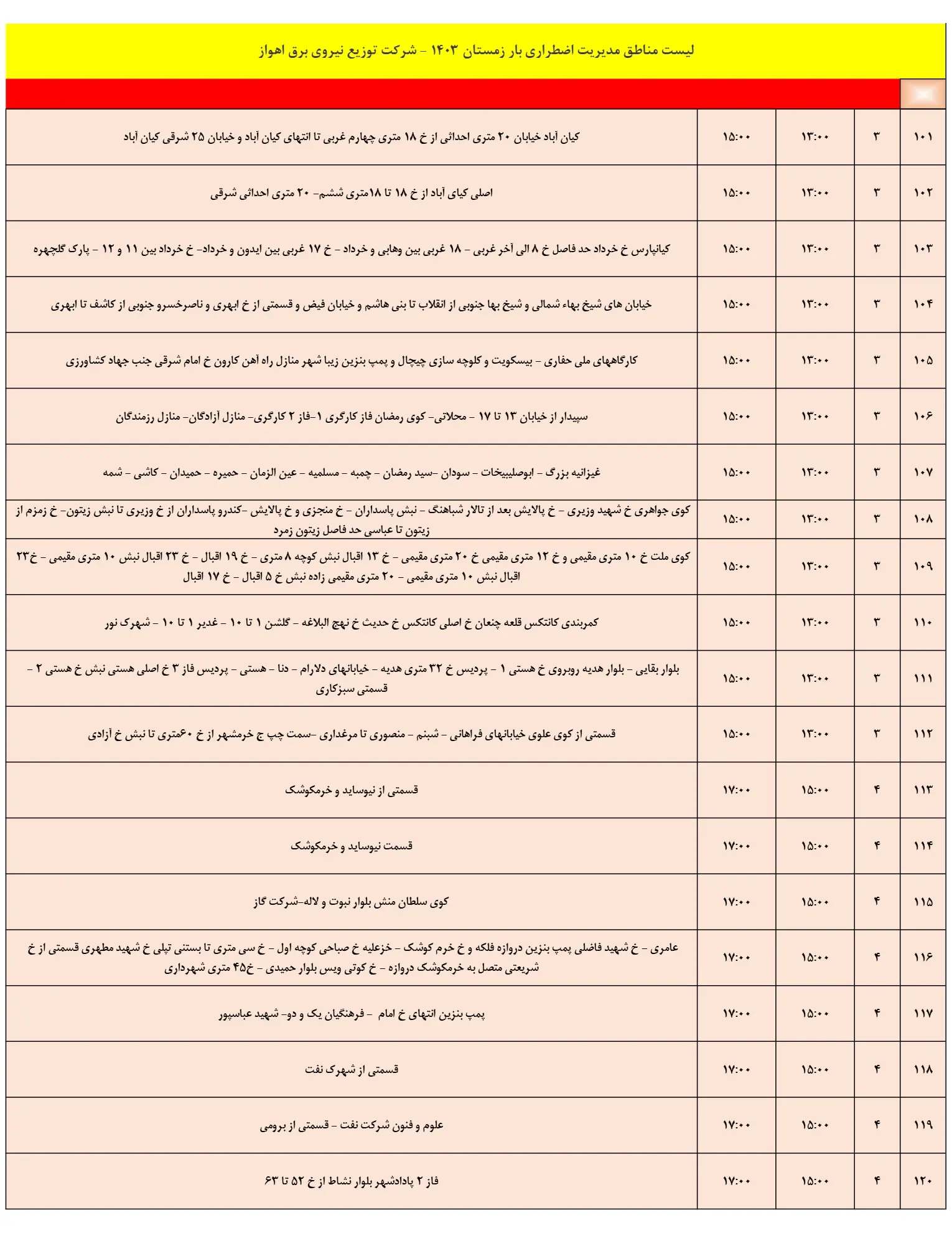 زمان قطعی برق اهواز12اسفند1403 و جدول خاموشی برق اهواز (9)