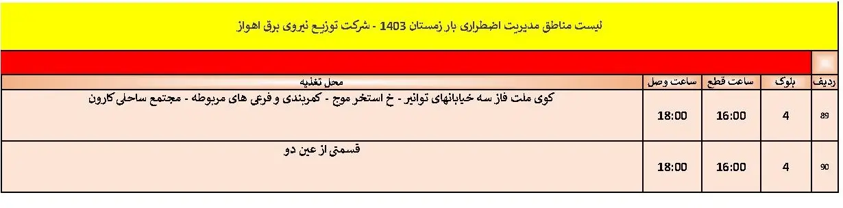 جدول خاموشی برق اهواز و زمان قطعی برق اهواز شنبه 20 بهمن 1403 (5)