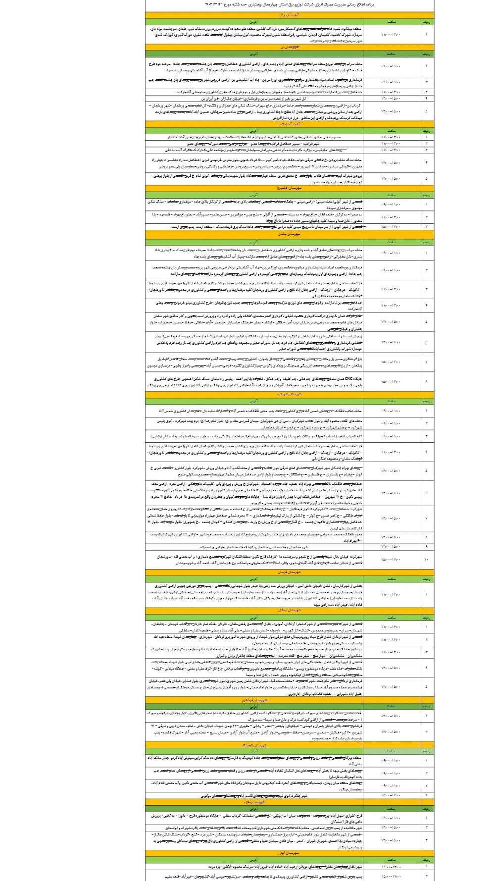 جدول خاموشی برق چهارمحال و بختیاری21 اسفند 1403