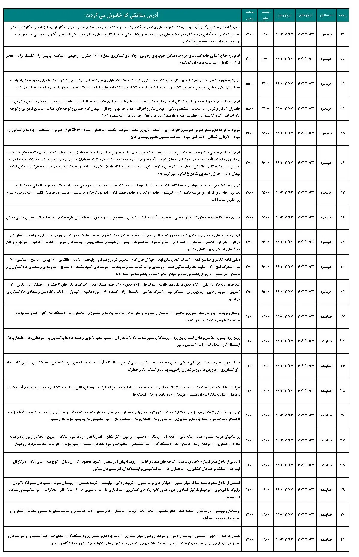 برنامه قطعی برق زنجان و جدول خاموشی برق زنجان شنبه 27 بهمن1403 (1)