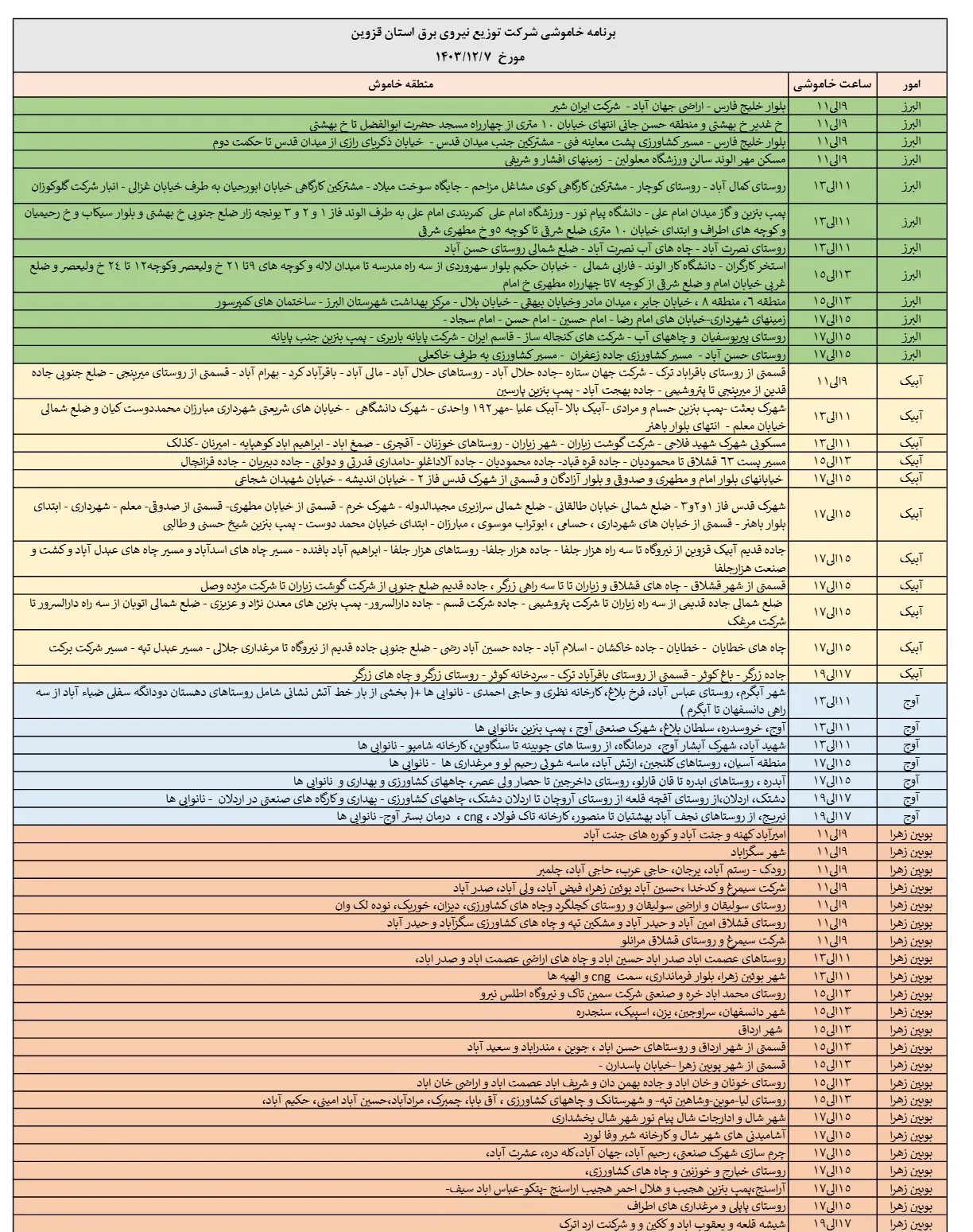 جدول خاموشی برق و قطعی برق قزوین سه شنبه7 اسفند 1403 (2)