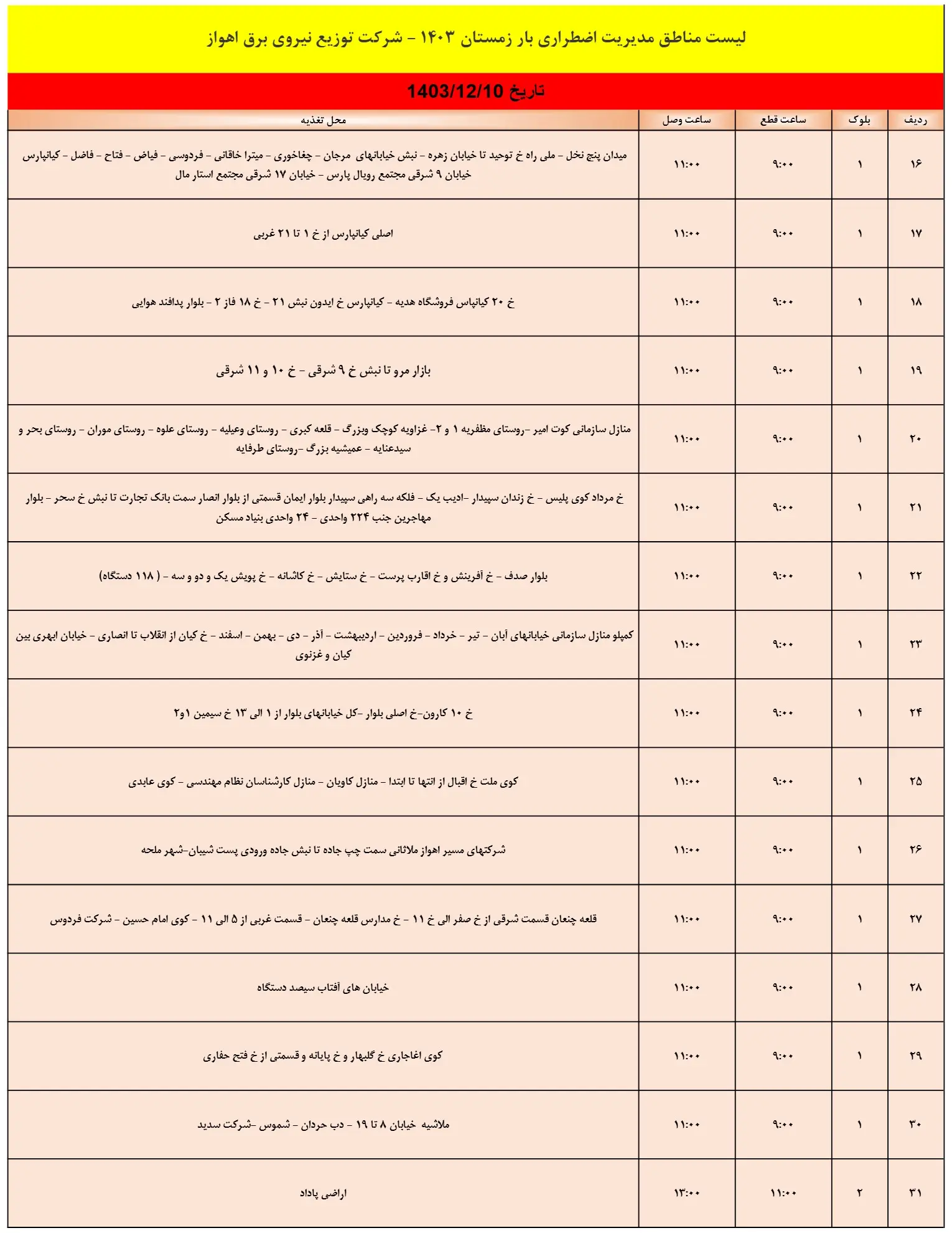 زمان قطعی برق اهواز و جدول خاموشی برق خوزستان10اسفند1403 (6)