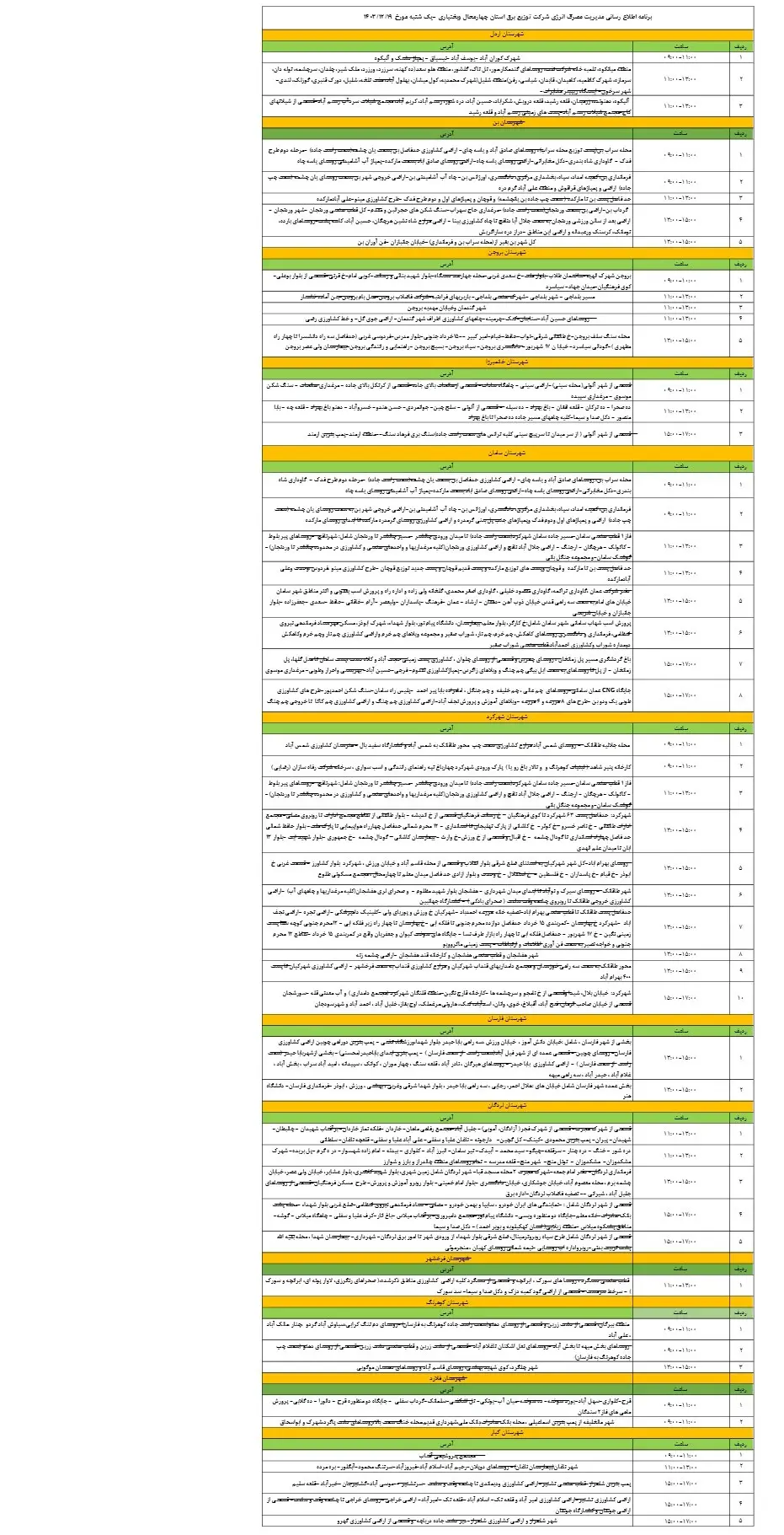 جدول خاموشی برق و زمان قطعی برق چهارمحال و بختیاری یکشنبه19اسفند1403