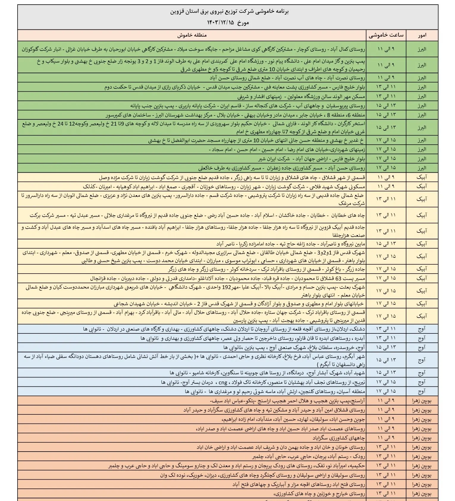 زمان قطعی برق قزوین15اسفند1403+جدول خاموشی برق (1)