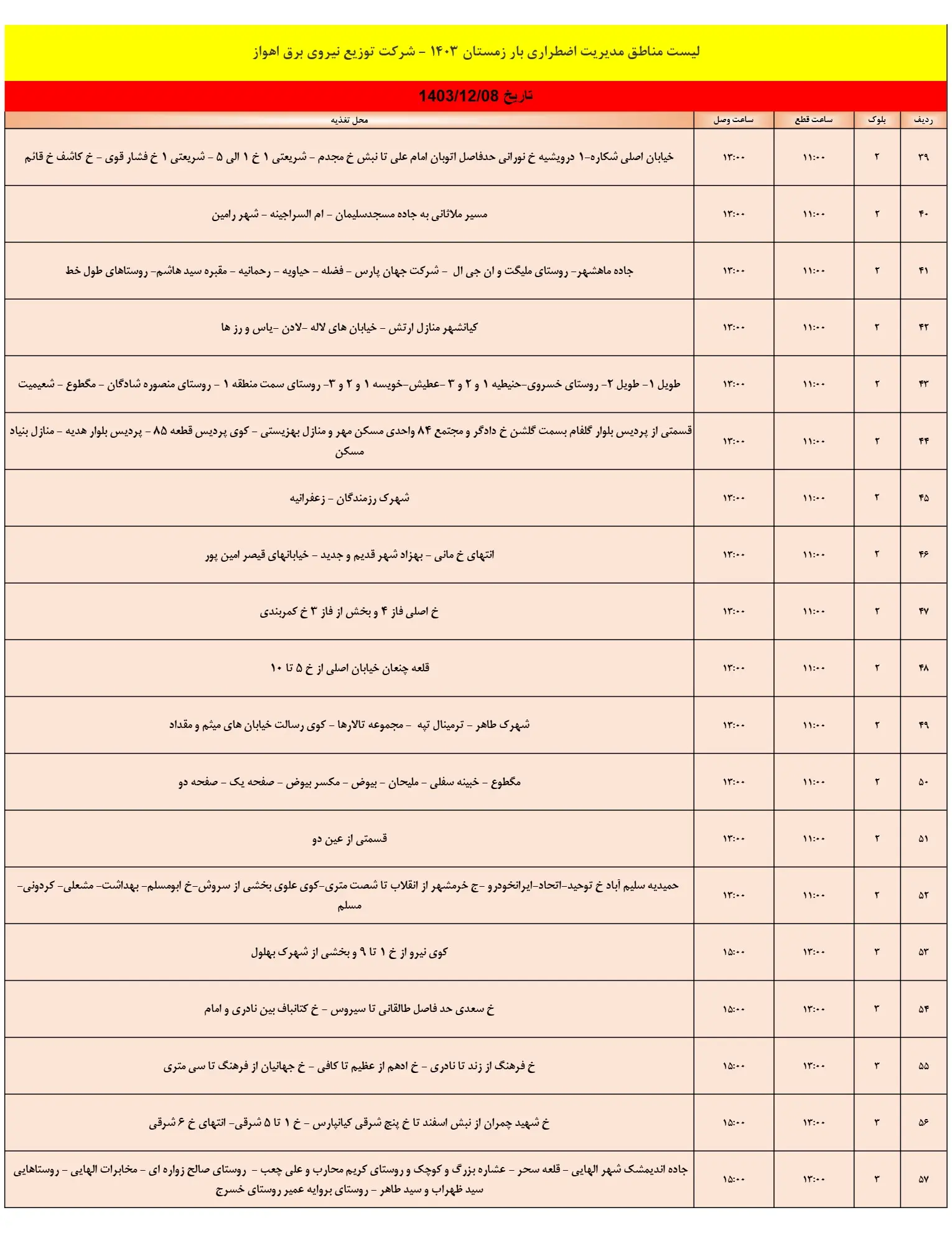 جدول خاموشی برق اهواز و زمان قطعی برق خوزستان 8اسفند1403 (3)