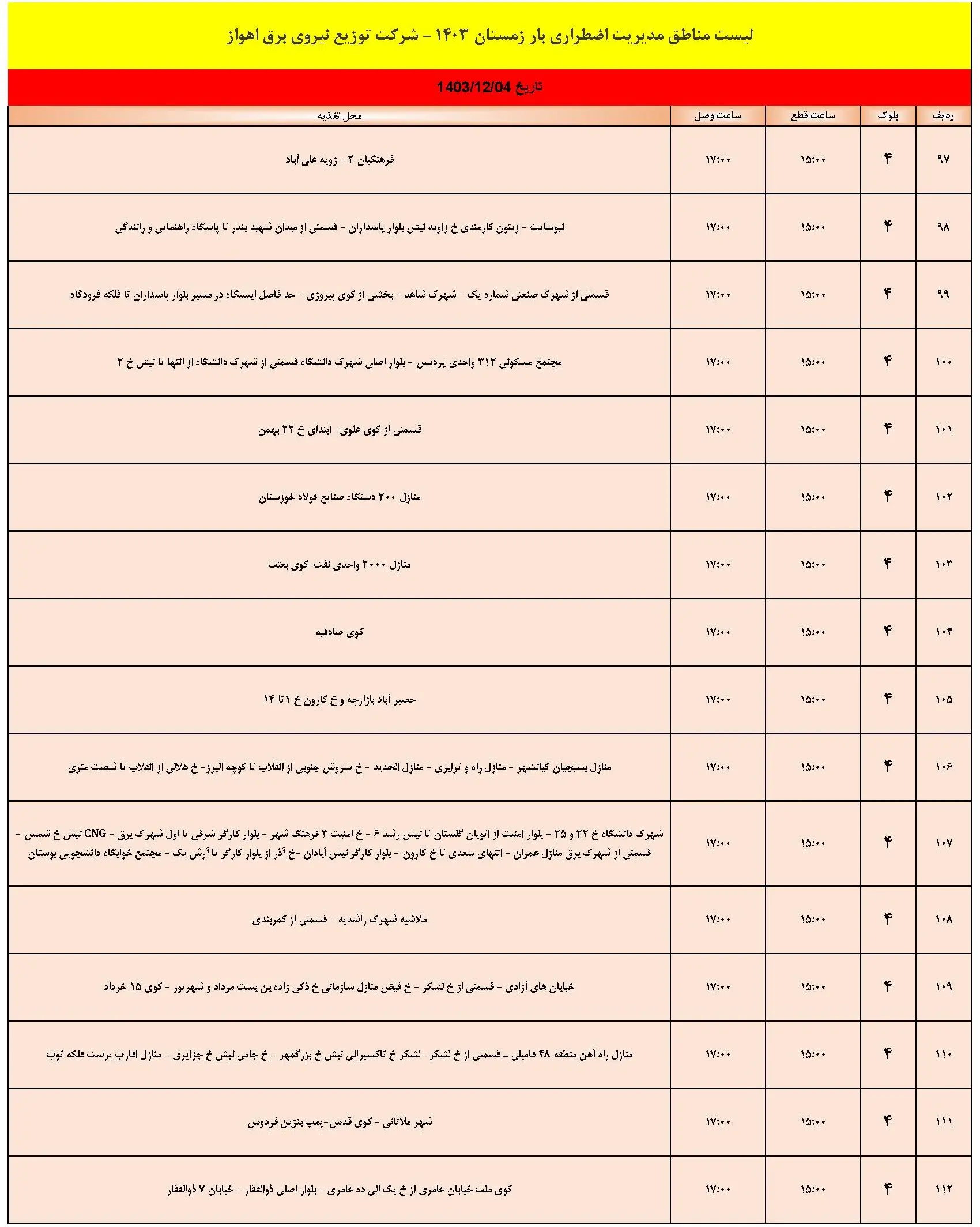 برنامه قطعی برق اهواز شنبه 4 اسفند1403 و جدول خاموشی برق اهواز (7)