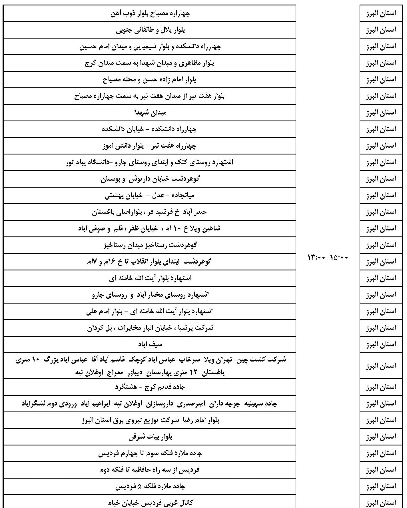 جدول خاموشی برق البرز و برنامه قطعی برق البرز پنجشنبه 25 بهمن 1403 (3)