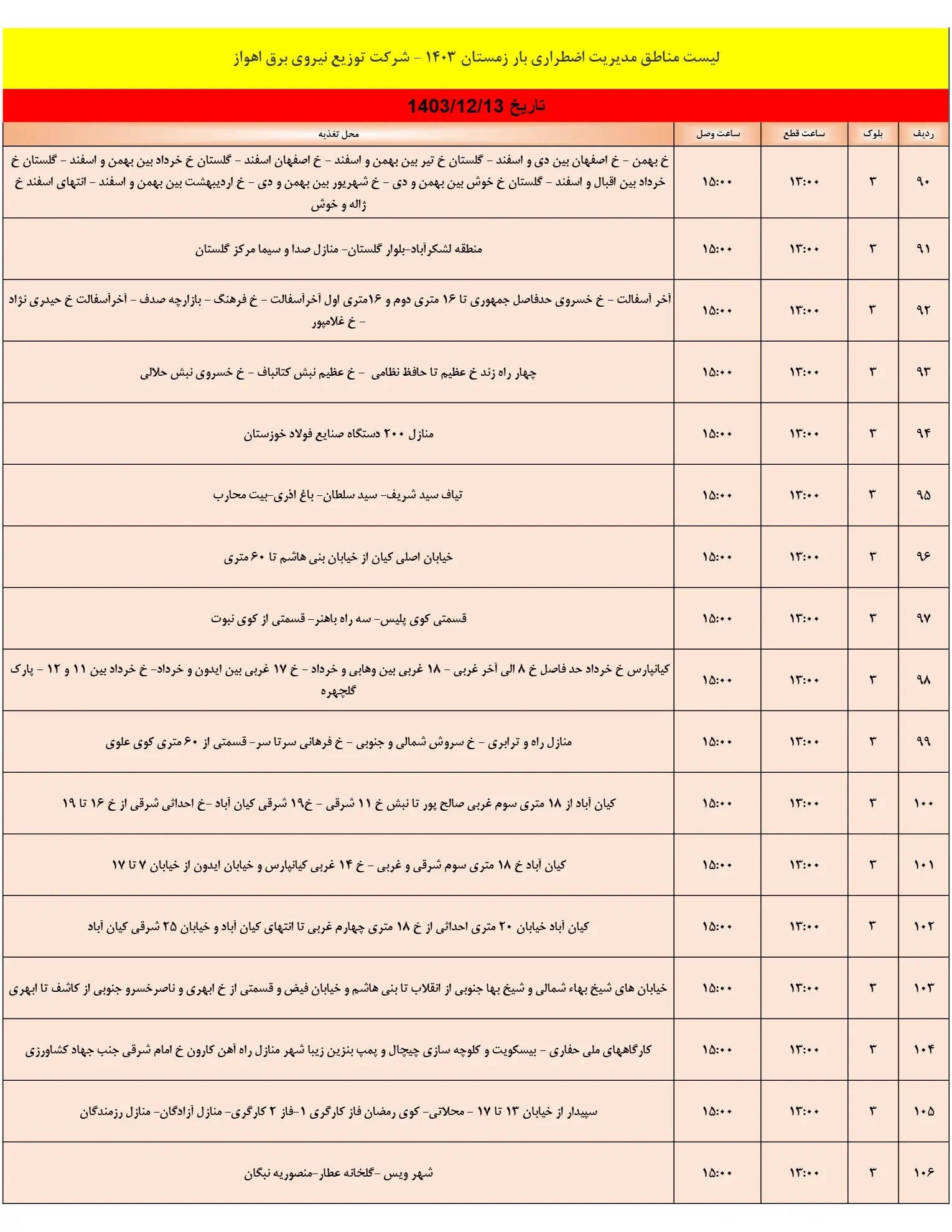 زمان قطعی برق اهواز13اسفند1403+جدول خاموشی برق خوزستان13اسفند1403 (7)