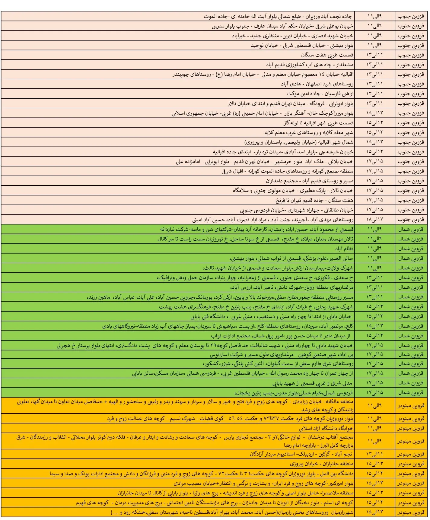 جدول خاموشی برق قزوین و زمان قطعی برق قزوین یکشنبه19اسفند1403 (3)