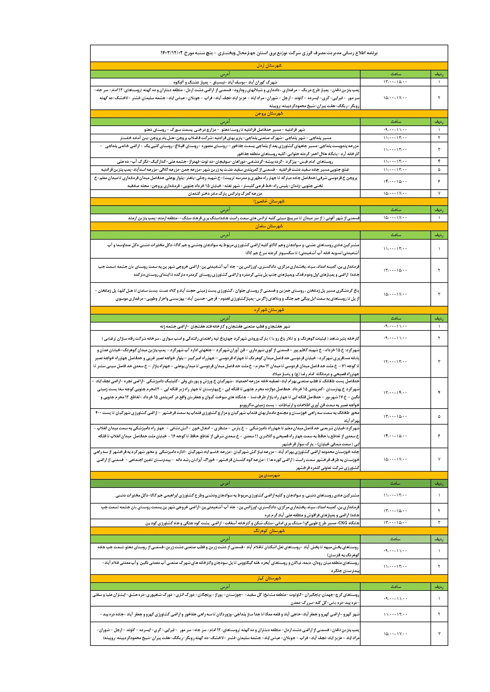 زمانبندی قطعی برق چهارمحال و بختیاری جمعه ۳ اسفند ۱۴۰۳ 