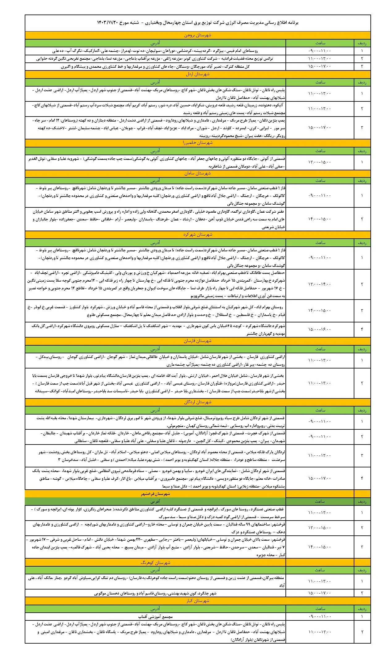 جدول خاموشی برق چهارمحال و بختیاری و قطعی برق شهرکرد