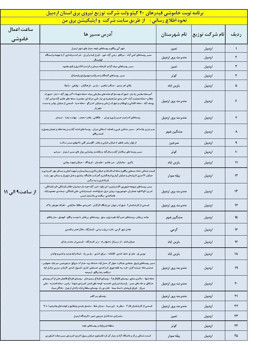 جدول خاموشی برق اردبیل و برنامه قطعی برق اردبیل چهارشنبه 24 بهمن ماه 1403 (1)