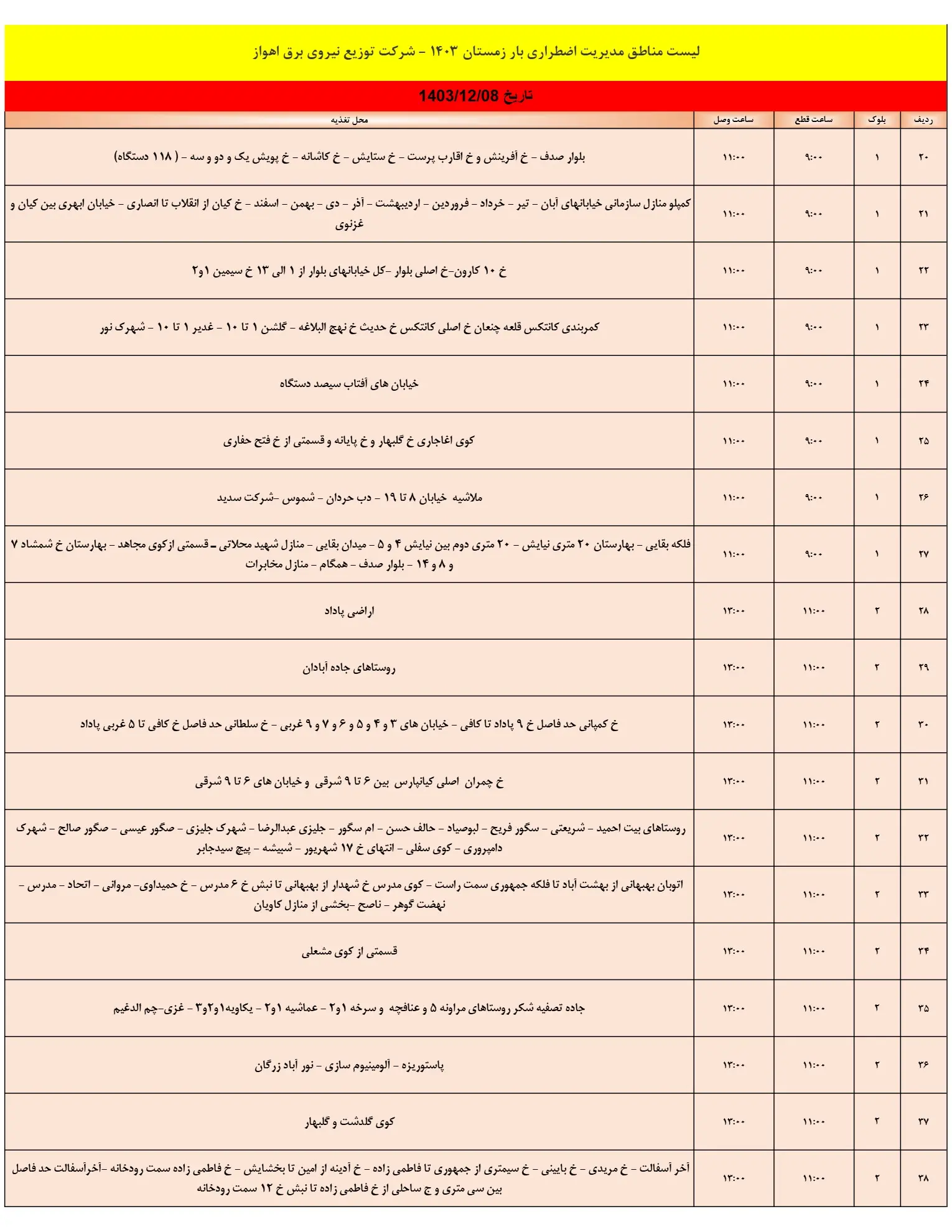 جدول خاموشی برق اهواز و زمان قطعی برق خوزستان 8اسفند1403 (2)