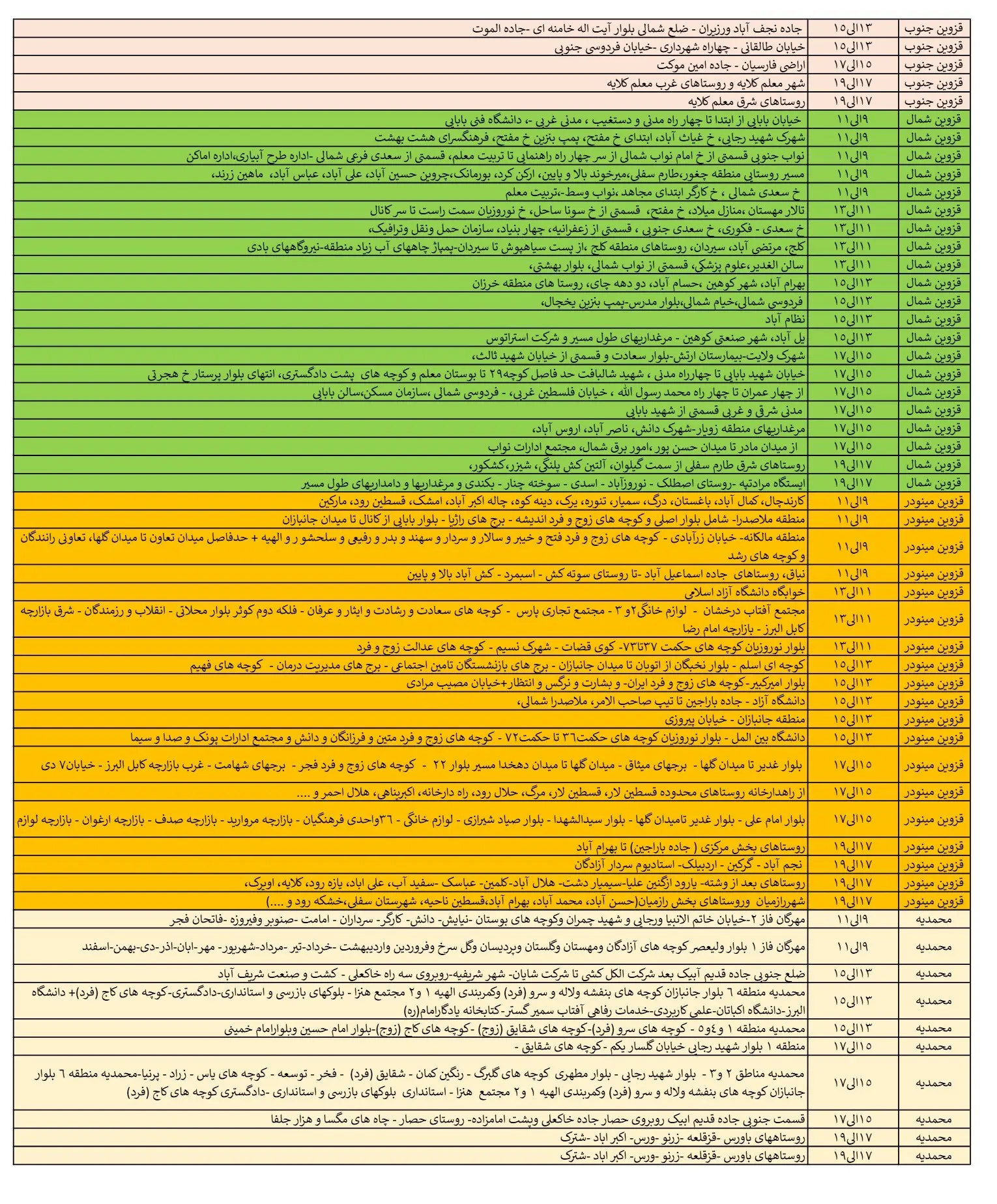 جدول خاموشی برق و برنامه قطعی برق قزوین9اسفند1403 (3)